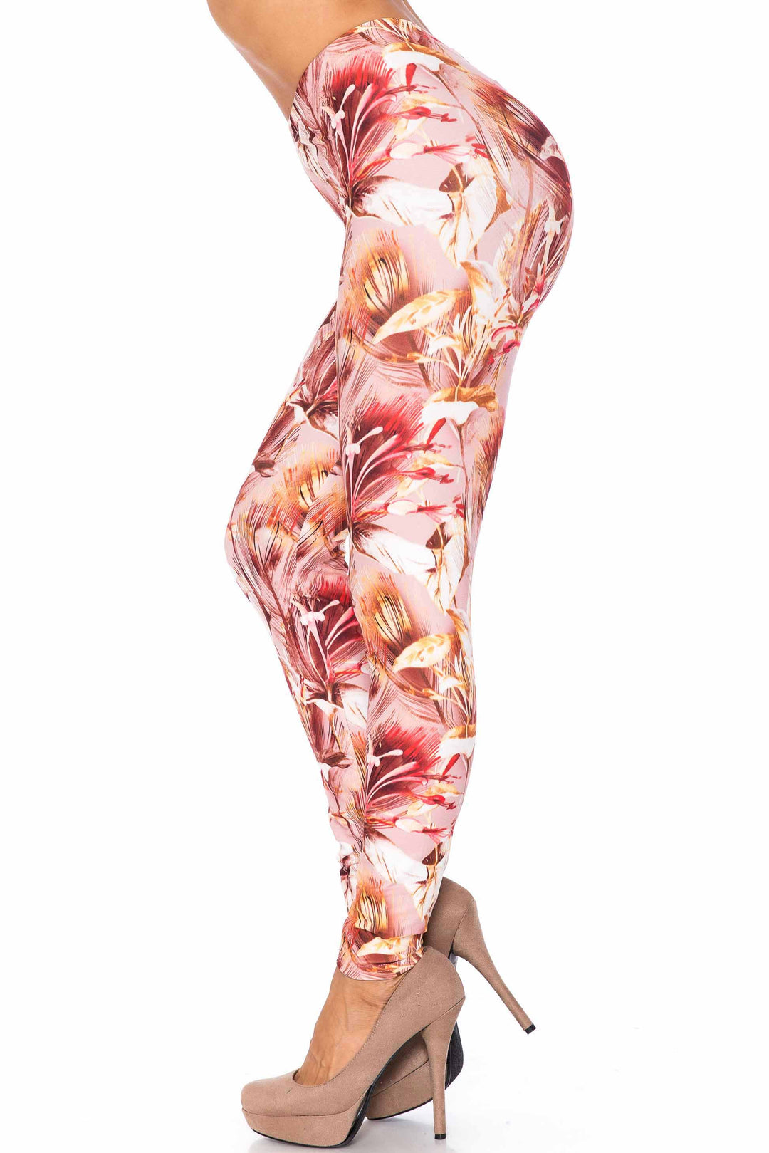 Creamy Soft Leggings Premium Women's Mocha Floral Extra Plus, High Rise, Stretchy, Comfortable, 3X-5X Leggings - by USA Fashion