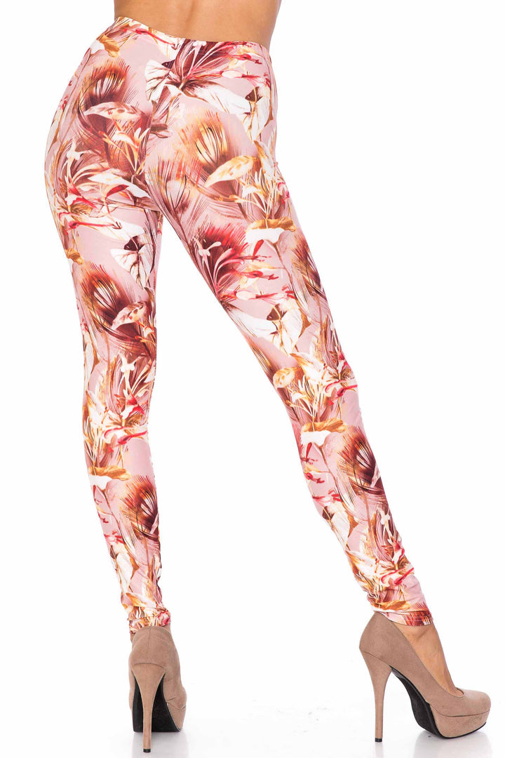 Creamy Soft Leggings Premium Women's Mocha Floral Extra Plus, High Rise, Stretchy, Comfortable, 3X-5X Leggings - by USA Fashion