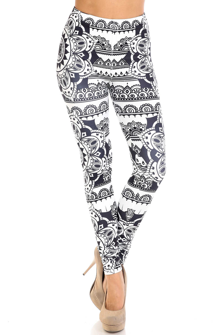 Creamy Soft Leggings Premium Women's Monochrome Mandala Extra Plus, High Rise, Stretchy, Comfortable, 3X-5X Leggings - by USA Fashion