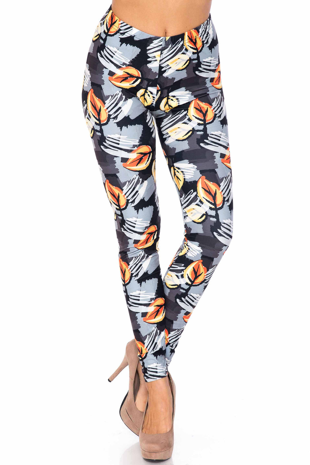 Creamy Soft Leggings Premium Women's Orange Leaf Breeze Extra Plus, High Rise, Stretchy, Comfortable, 3X-5X Leggings - by USA Fashion