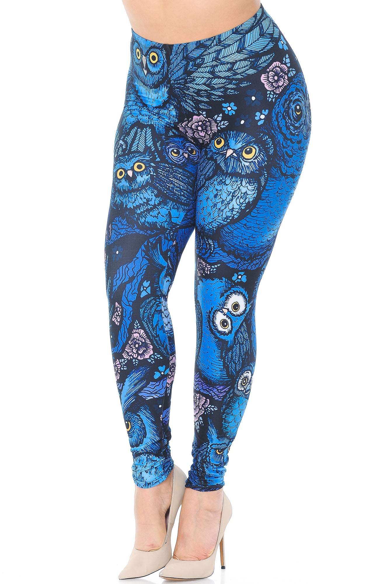 Creamy Soft Leggings Premium Women's Blue Owl Collage Extra Plus, High Rise, Stretchy, Comfortable, 3X-5X Leggings - by USA Fashion