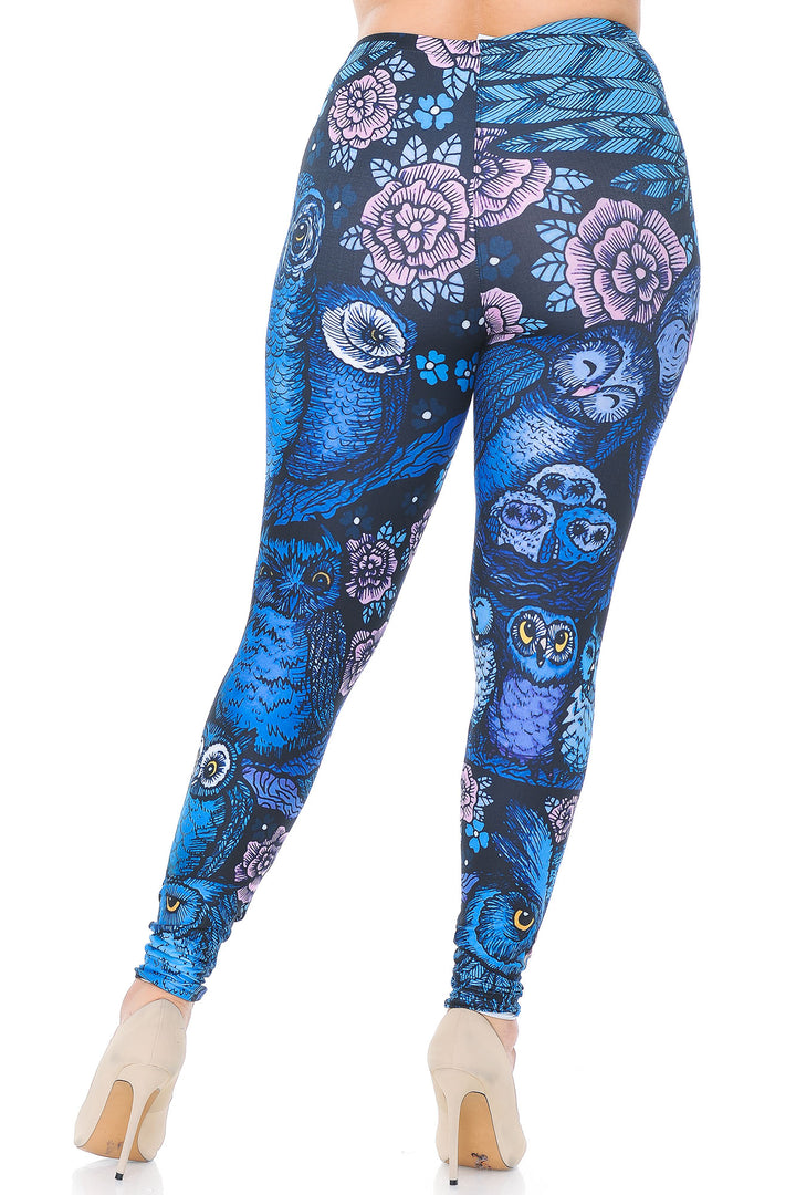 Creamy Soft Leggings Premium Women's Blue Owl Collage Extra Plus, High Rise, Stretchy, Comfortable, 3X-5X Leggings - by USA Fashion