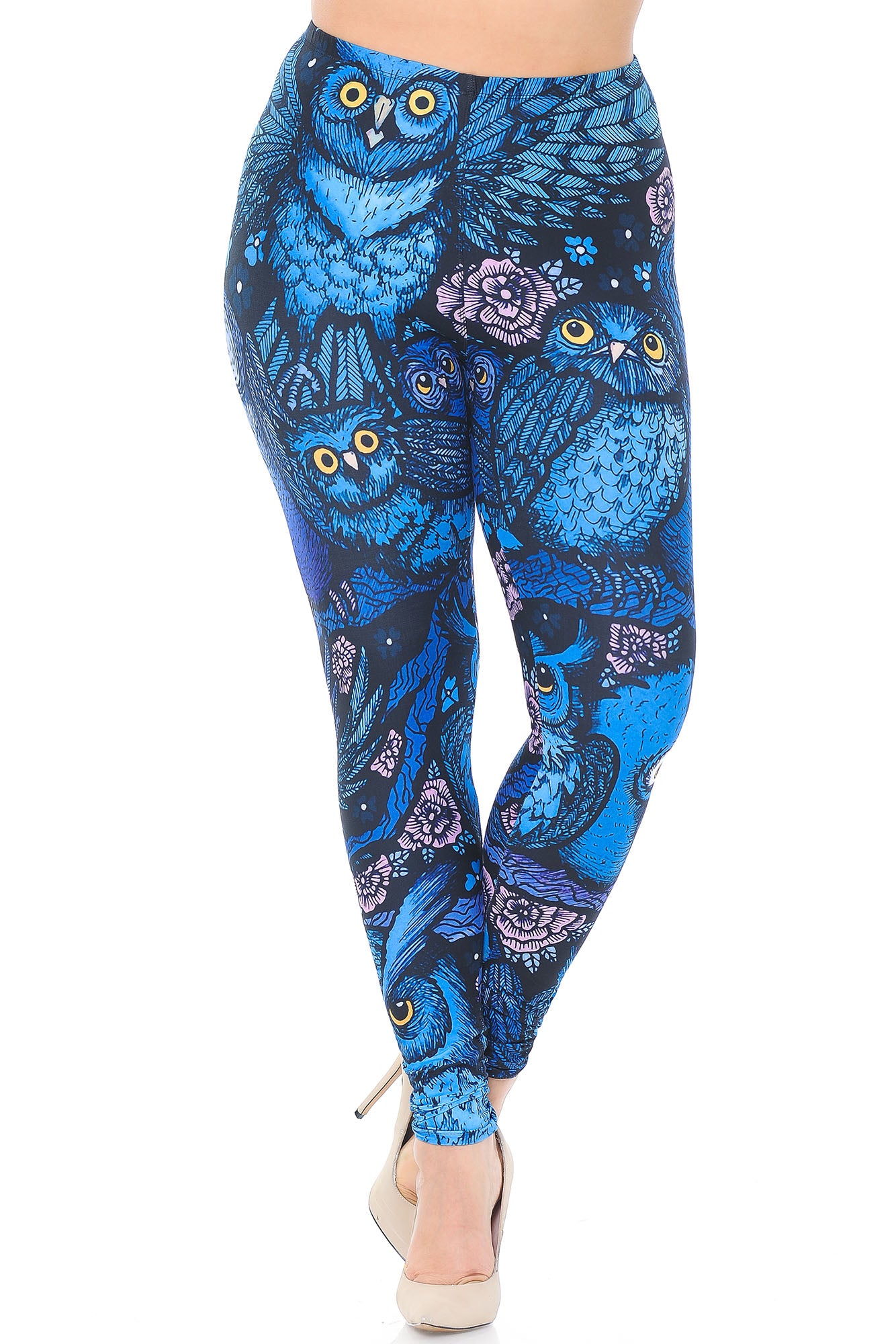 Creamy Soft Leggings Premium Women's Blue Owl Collage Extra Plus, High Rise, Stretchy, Comfortable, 3X-5X Leggings - by USA Fashion