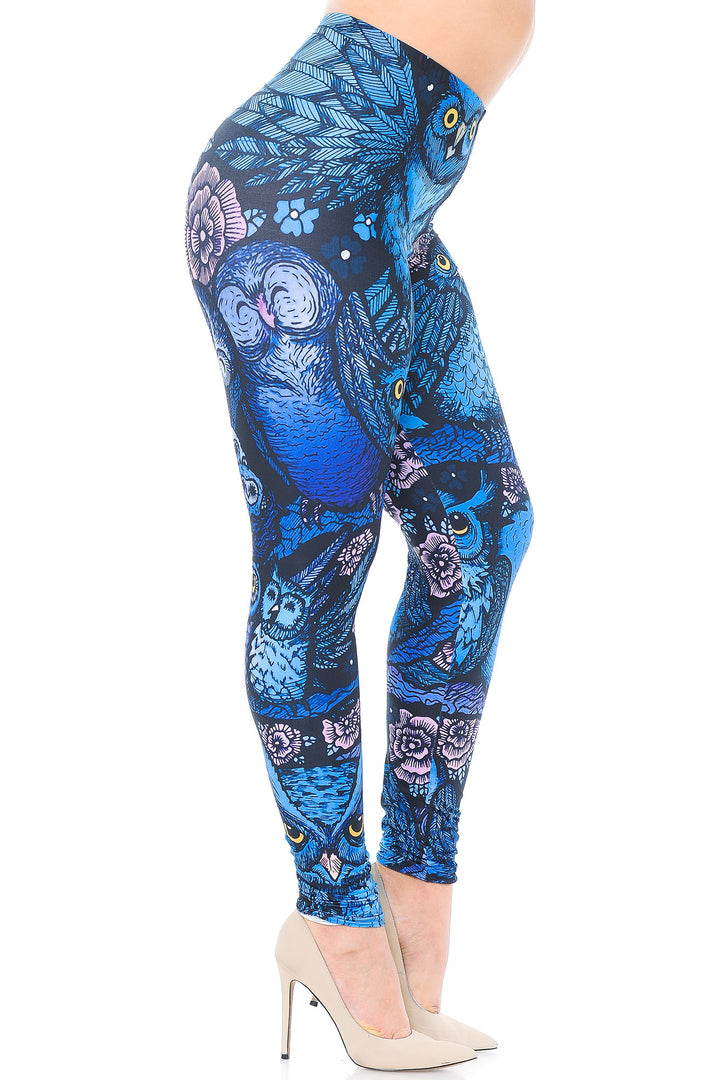 Creamy Soft Leggings Premium Women's Blue Owl Collage Extra Plus, High Rise, Stretchy, Comfortable, 3X-5X Leggings - by USA Fashion