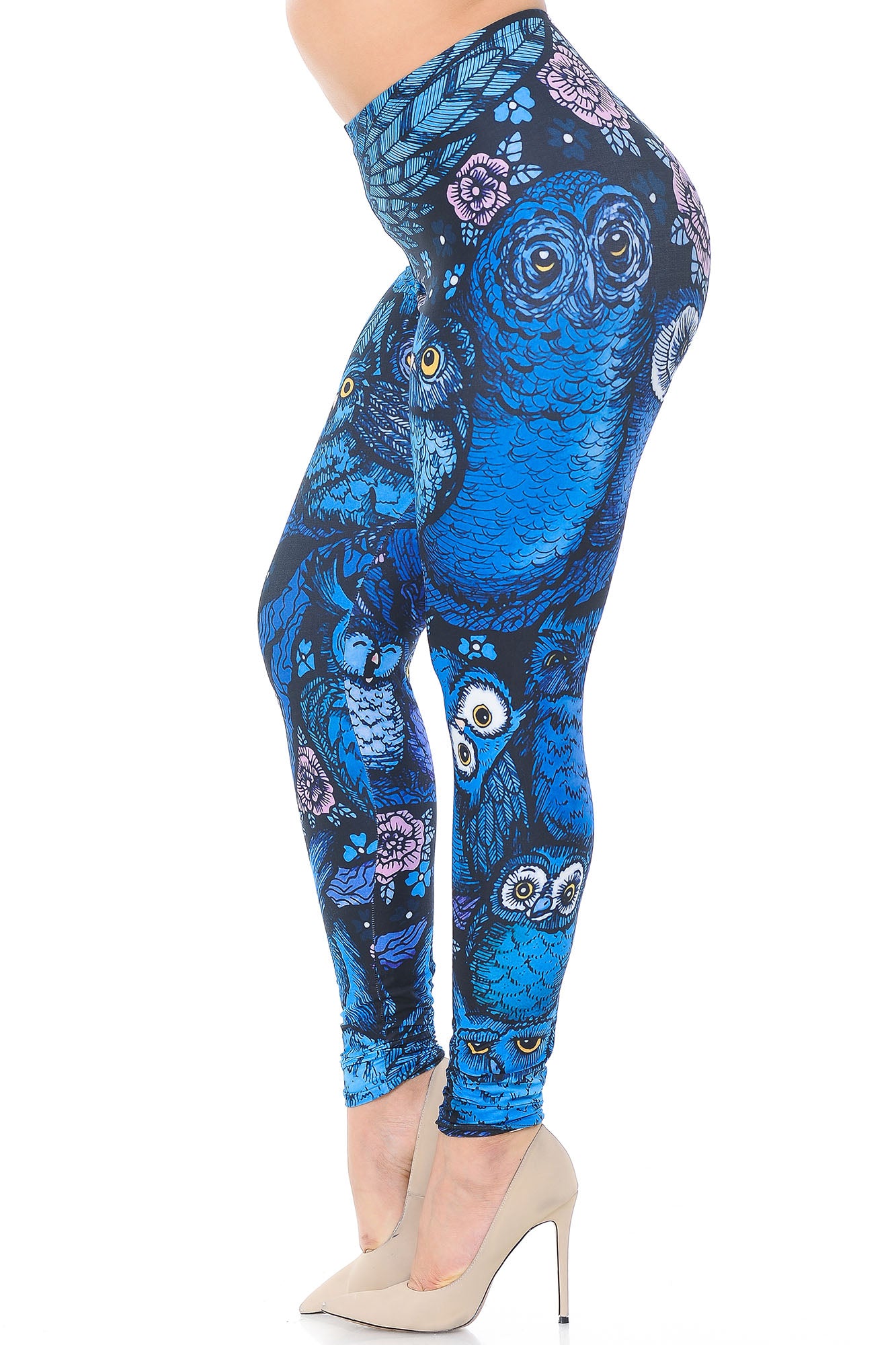 Creamy Soft Leggings Premium Women's Blue Owl Collage Extra Plus, High Rise, Stretchy, Comfortable, 3X-5X Leggings - by USA Fashion