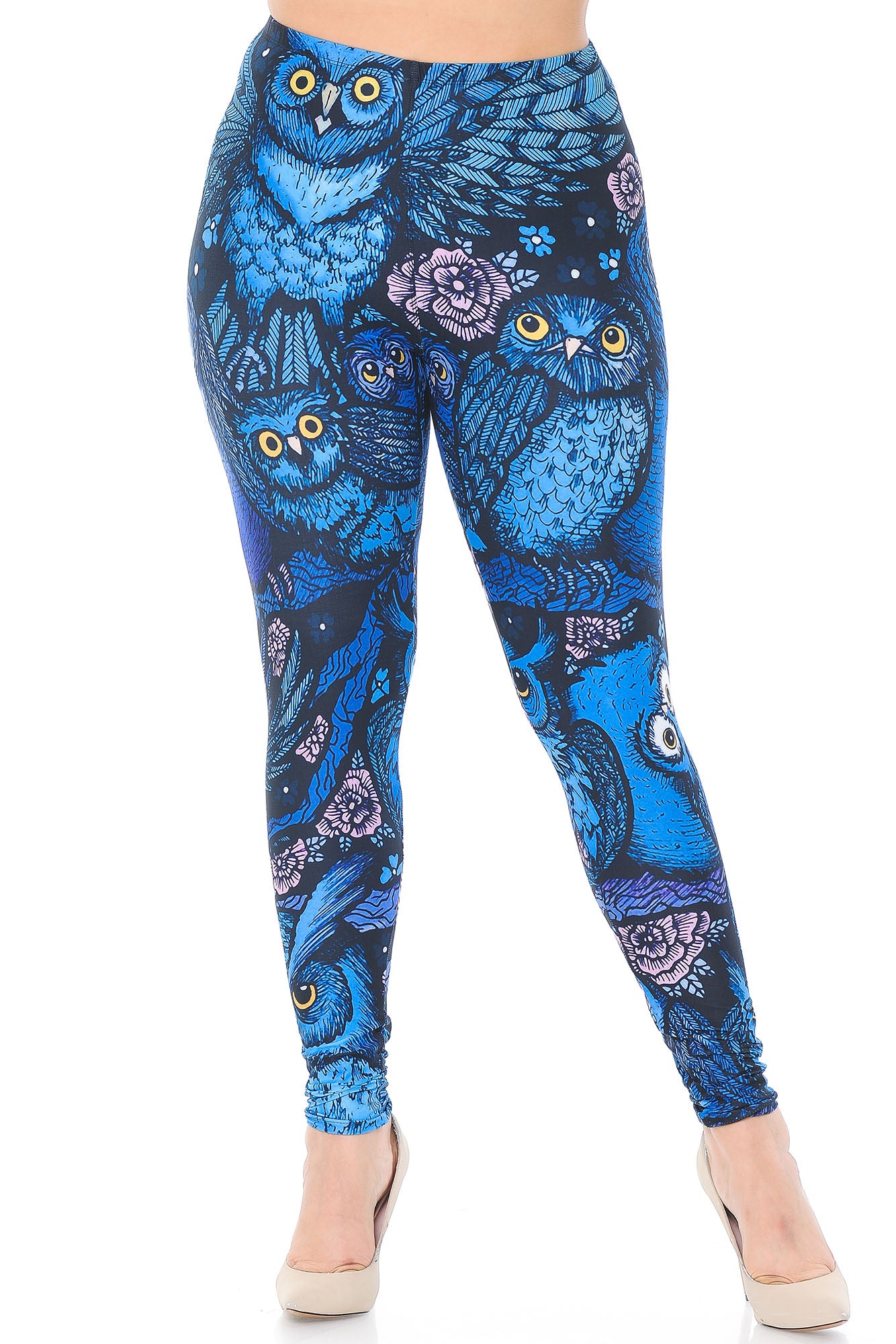 Creamy Soft Leggings Premium Women's Blue Owl Collage Extra Plus, High Rise, Stretchy, Comfortable, 3X-5X Leggings - by USA Fashion