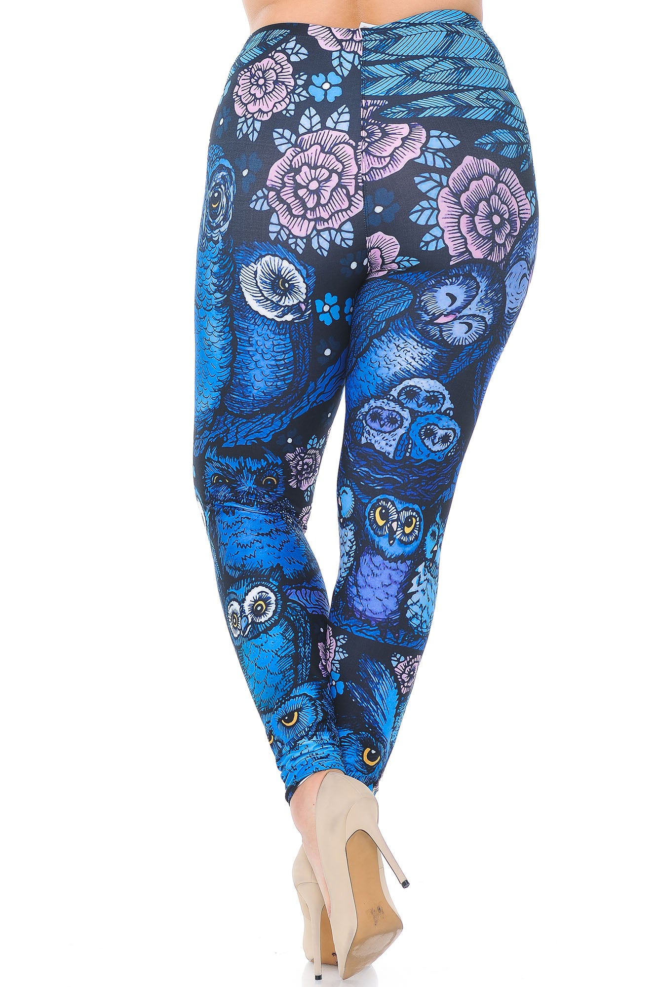 Creamy Soft Leggings Premium Women's Blue Owl Collage Extra Plus, High Rise, Stretchy, Comfortable, 3X-5X Leggings - by USA Fashion
