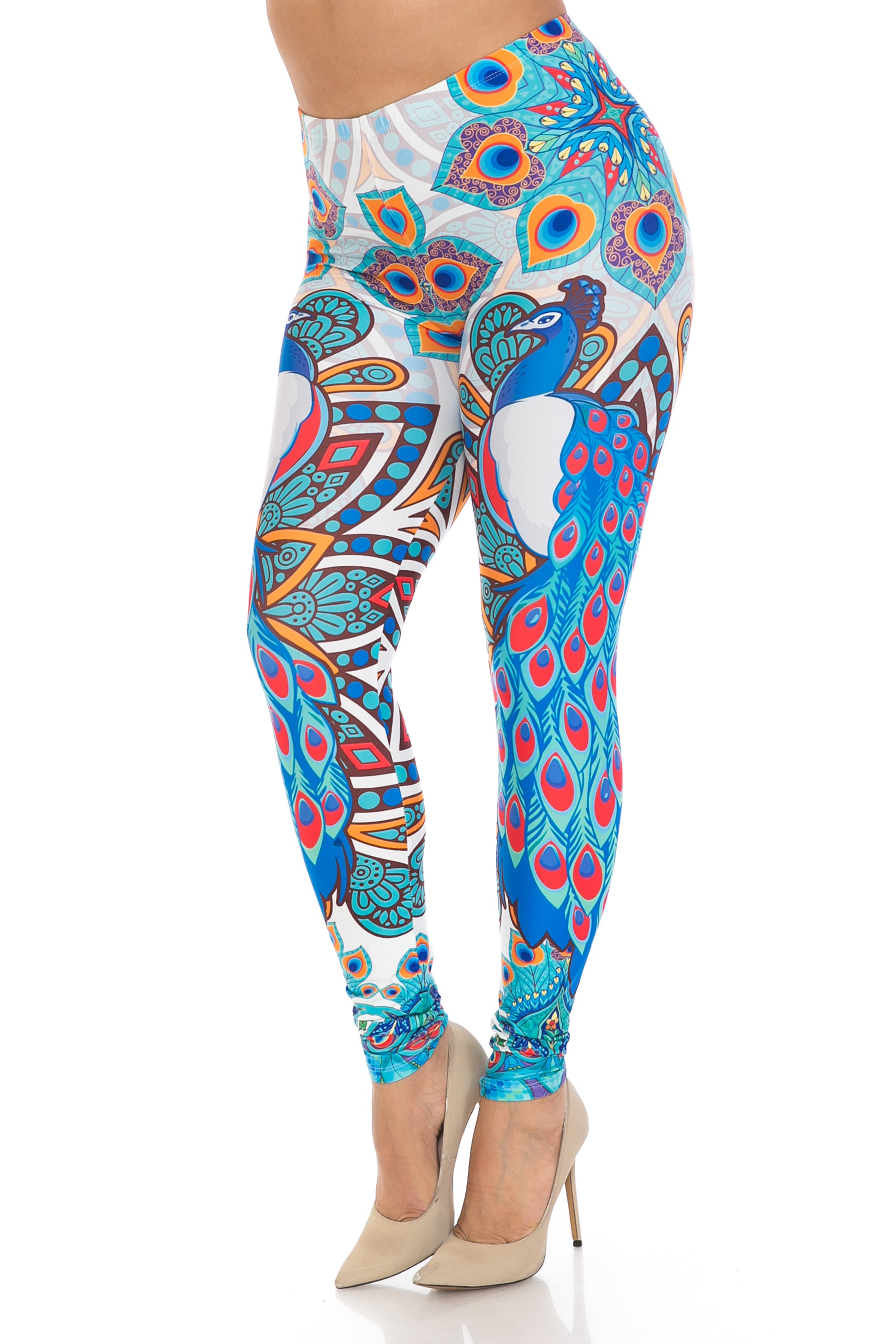 Creamy Soft Leggings Premium Women's Pristine Peacock Extra Plus, High Rise, Stretchy, Comfortable, 3X-5X Leggings - by USA Fashion