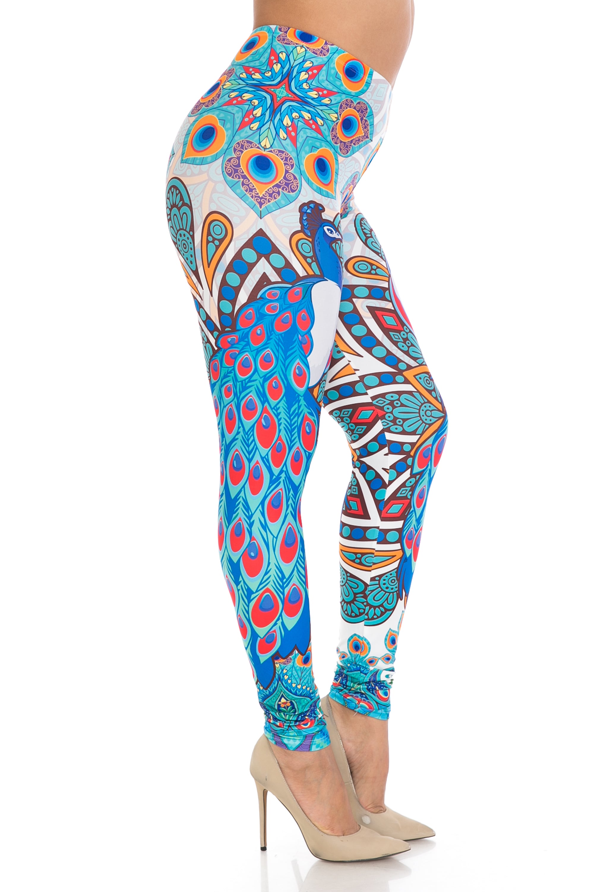 Creamy Soft Leggings Premium Women's Pristine Peacock Extra Plus, High Rise, Stretchy, Comfortable, 3X-5X Leggings - by USA Fashion