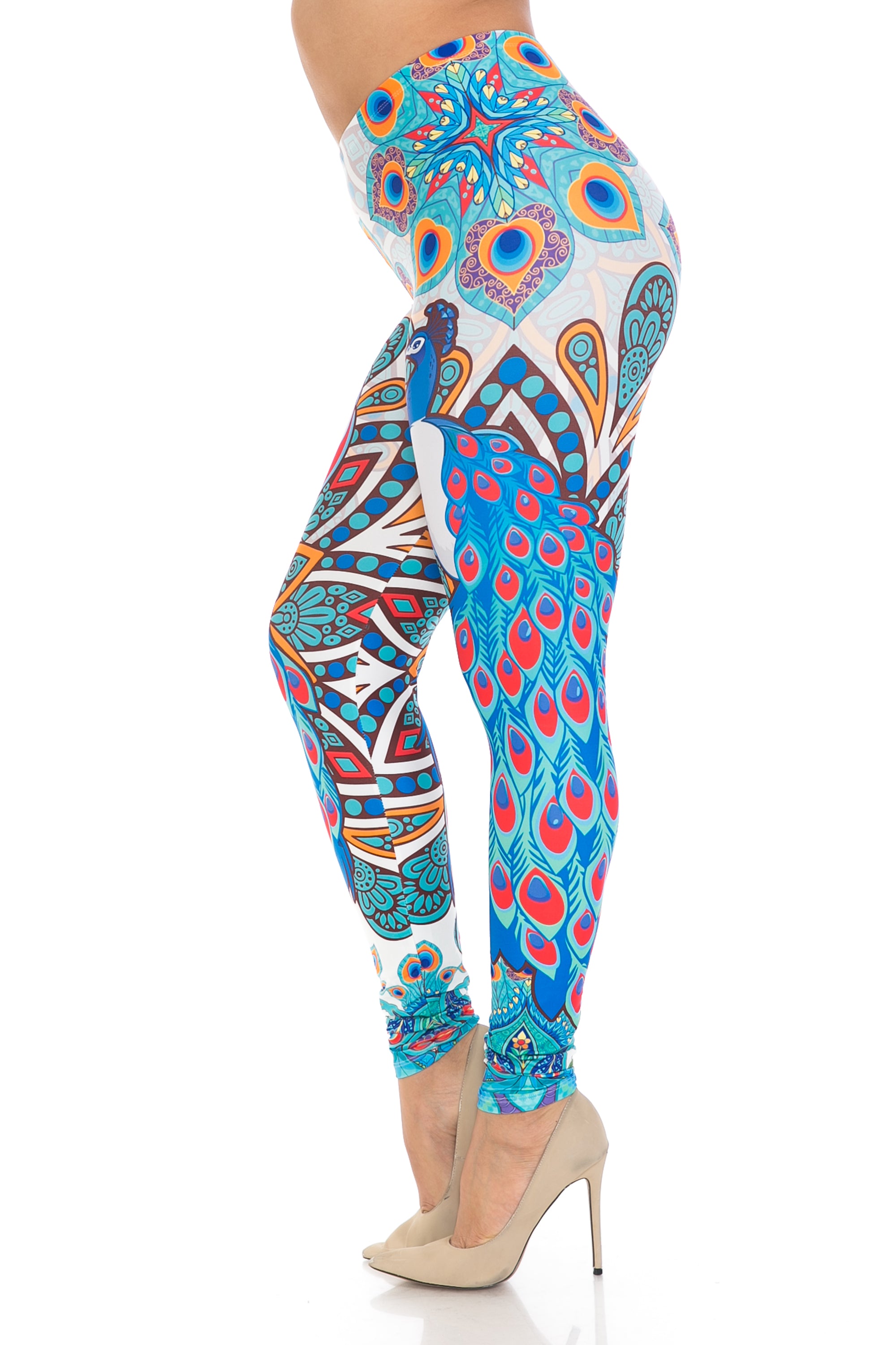 Creamy Soft Leggings Premium Women's Pristine Peacock Extra Plus, High Rise, Stretchy, Comfortable, 3X-5X Leggings - by USA Fashion