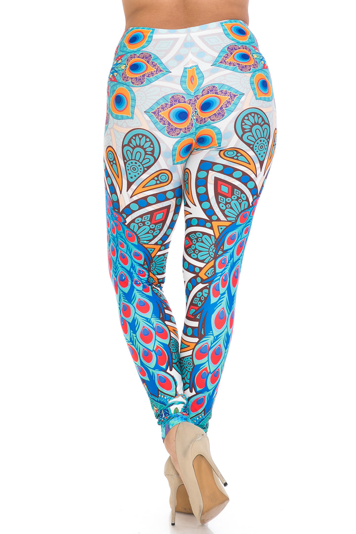 Creamy Soft Leggings Premium Women's Pristine Peacock Extra Plus, High Rise, Stretchy, Comfortable, 3X-5X Leggings - by USA Fashion