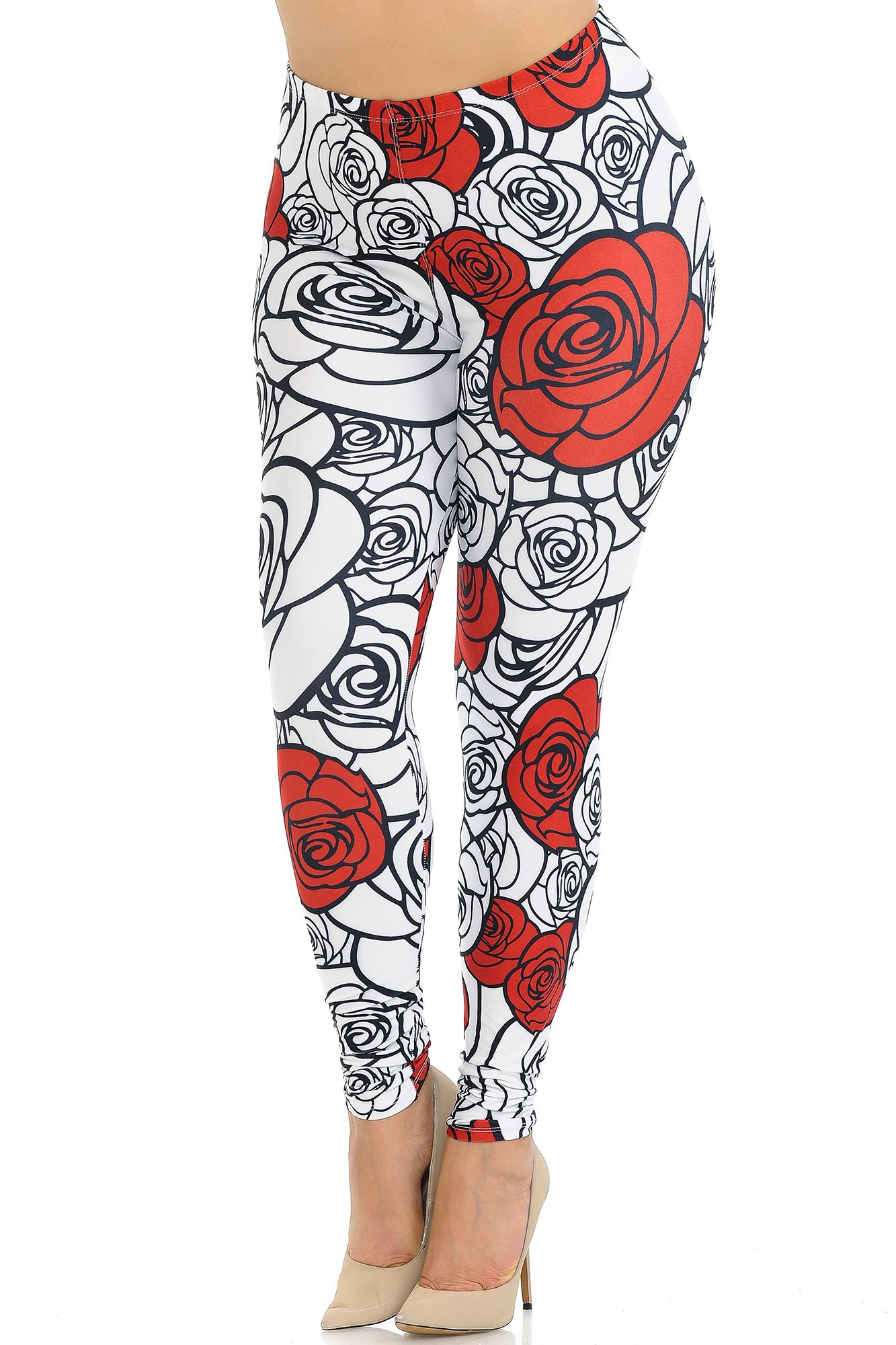 Creamy Soft Leggings Premium Women's Red Stencil Roses Extra Plus, High Rise, Stretchy, Comfortable, 3X-5X Leggings - by USA Fashion