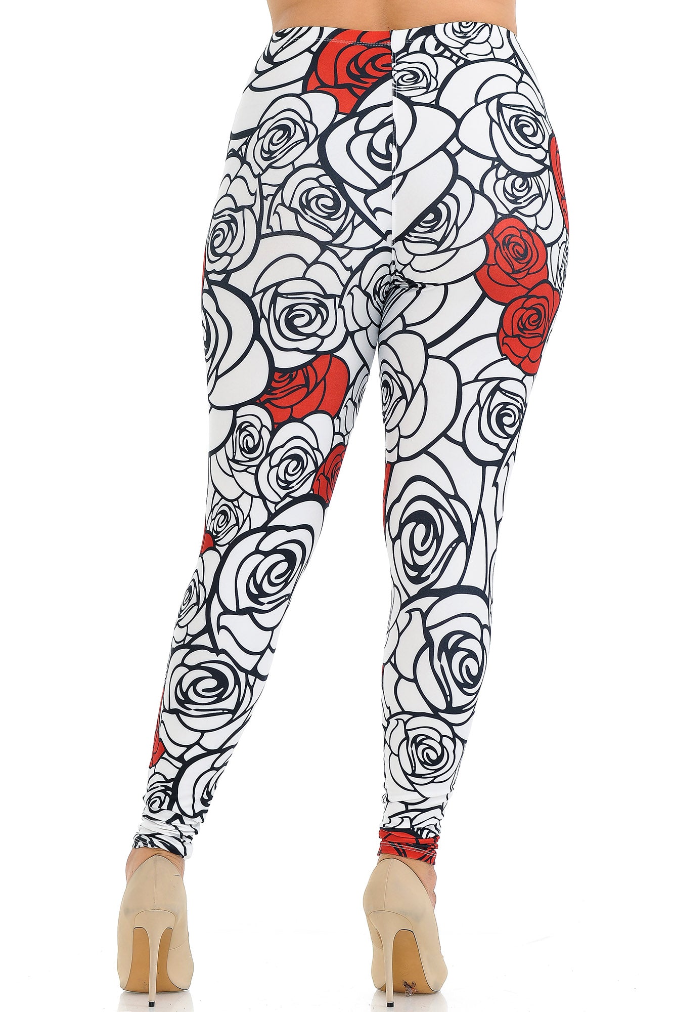 Creamy Soft Leggings Premium Women's Red Stencil Roses Extra Plus, High Rise, Stretchy, Comfortable, 3X-5X Leggings - by USA Fashion