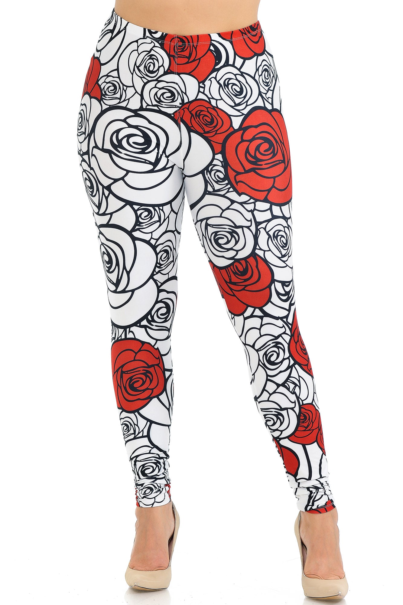 Creamy Soft Leggings Premium Women's Red Stencil Roses Extra Plus, High Rise, Stretchy, Comfortable, 3X-5X Leggings - by USA Fashion