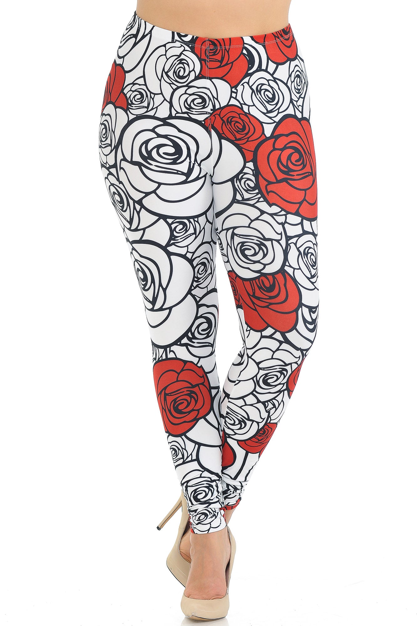 Creamy Soft Leggings Premium Women's Red Stencil Roses Extra Plus, High Rise, Stretchy, Comfortable, 3X-5X Leggings - by USA Fashion