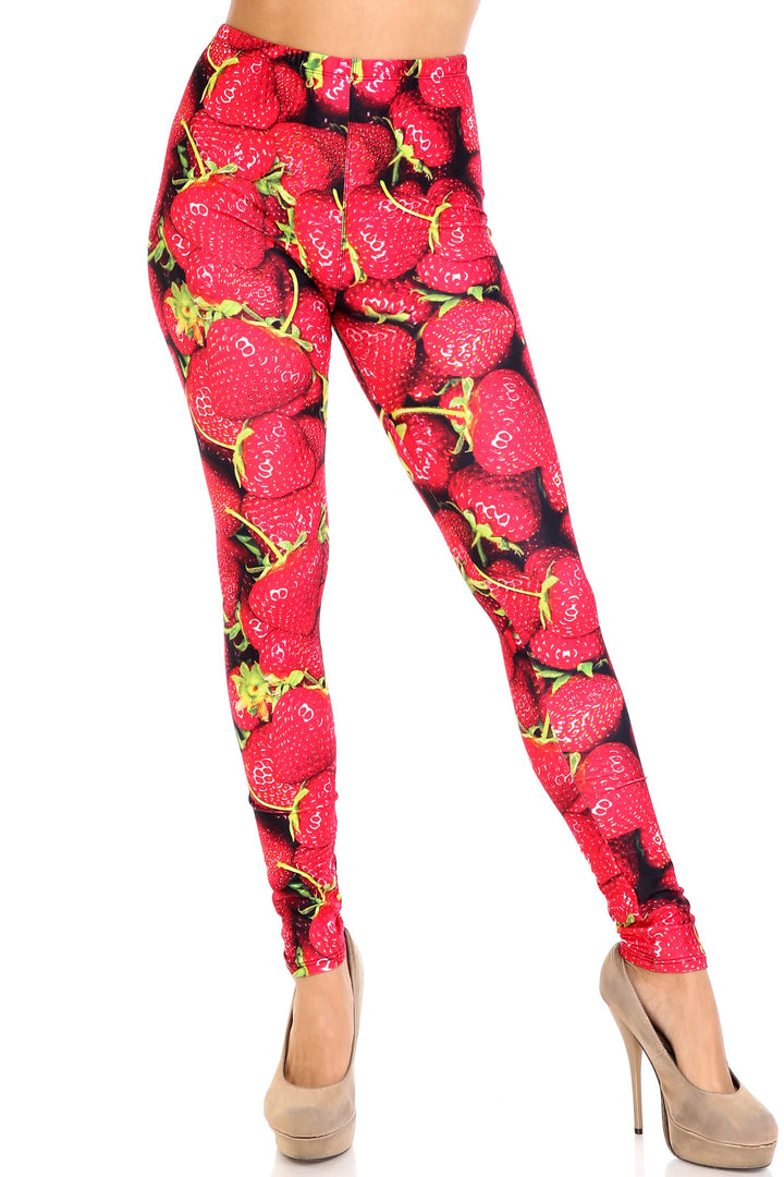 Creamy Soft Leggings Premium Women's Strawberry Extra Plus, High Rise, Stretchy, Comfortable, 3X-5X Leggings - by USA Fashion