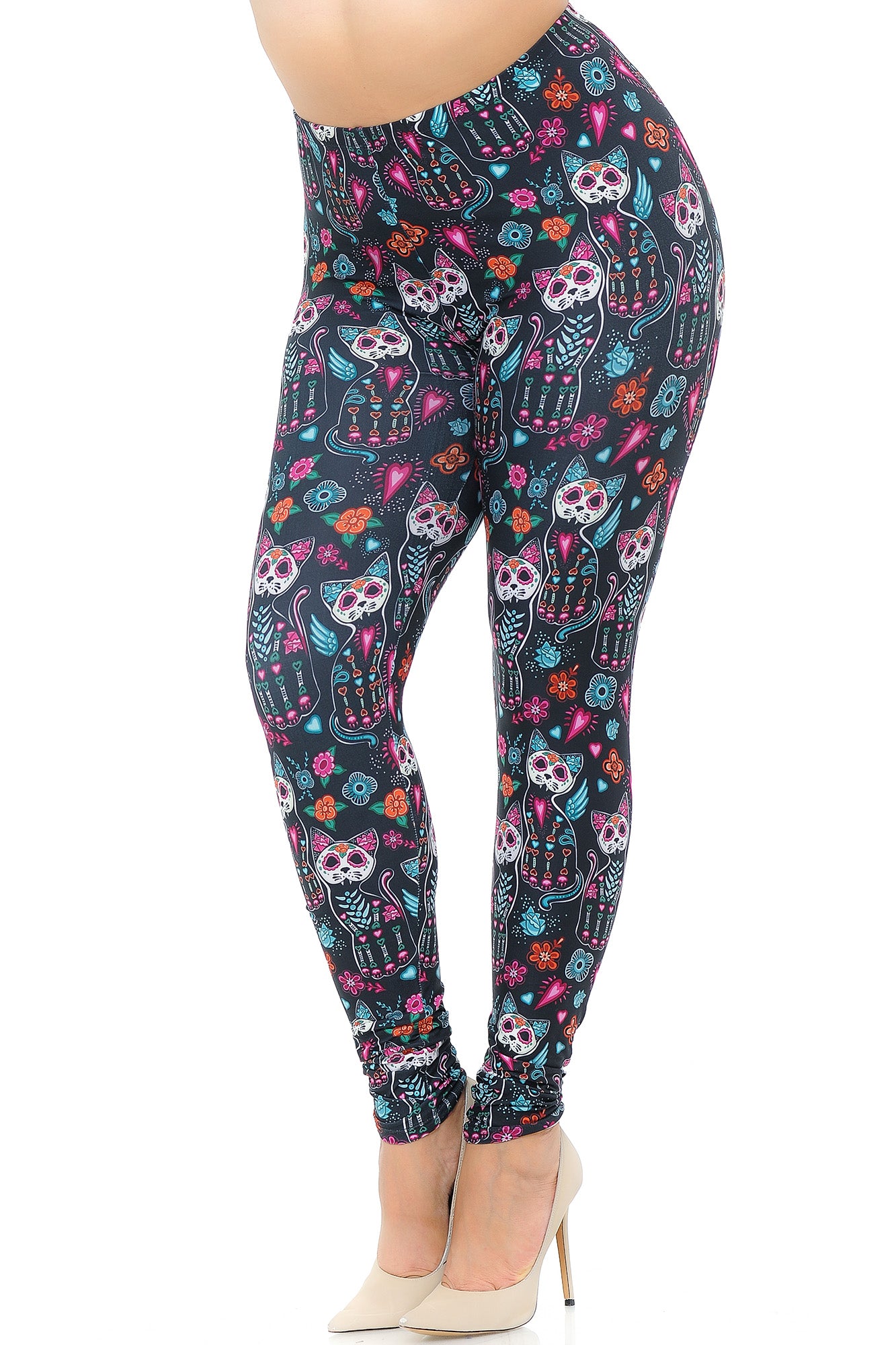 Creamy Soft Leggings Premium Women's Sugar Skull Kitty CatsExtra Plus, High Rise, Stretchy, Comfortable, 3X-5X Leggings - by USA Fashion