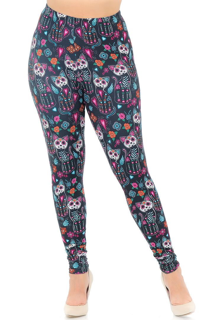 Creamy Soft Leggings Premium Women's Sugar Skull Kitty CatsExtra Plus, High Rise, Stretchy, Comfortable, 3X-5X Leggings - by USA Fashion