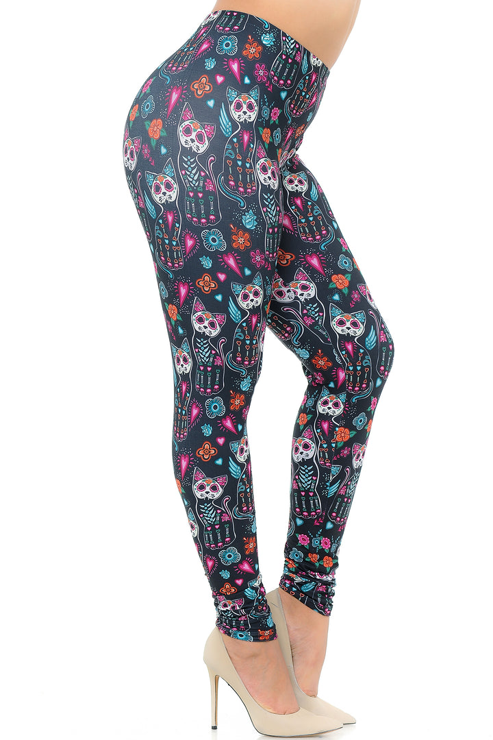 Creamy Soft Leggings Premium Women's Sugar Skull Kitty CatsExtra Plus, High Rise, Stretchy, Comfortable, 3X-5X Leggings - by USA Fashion