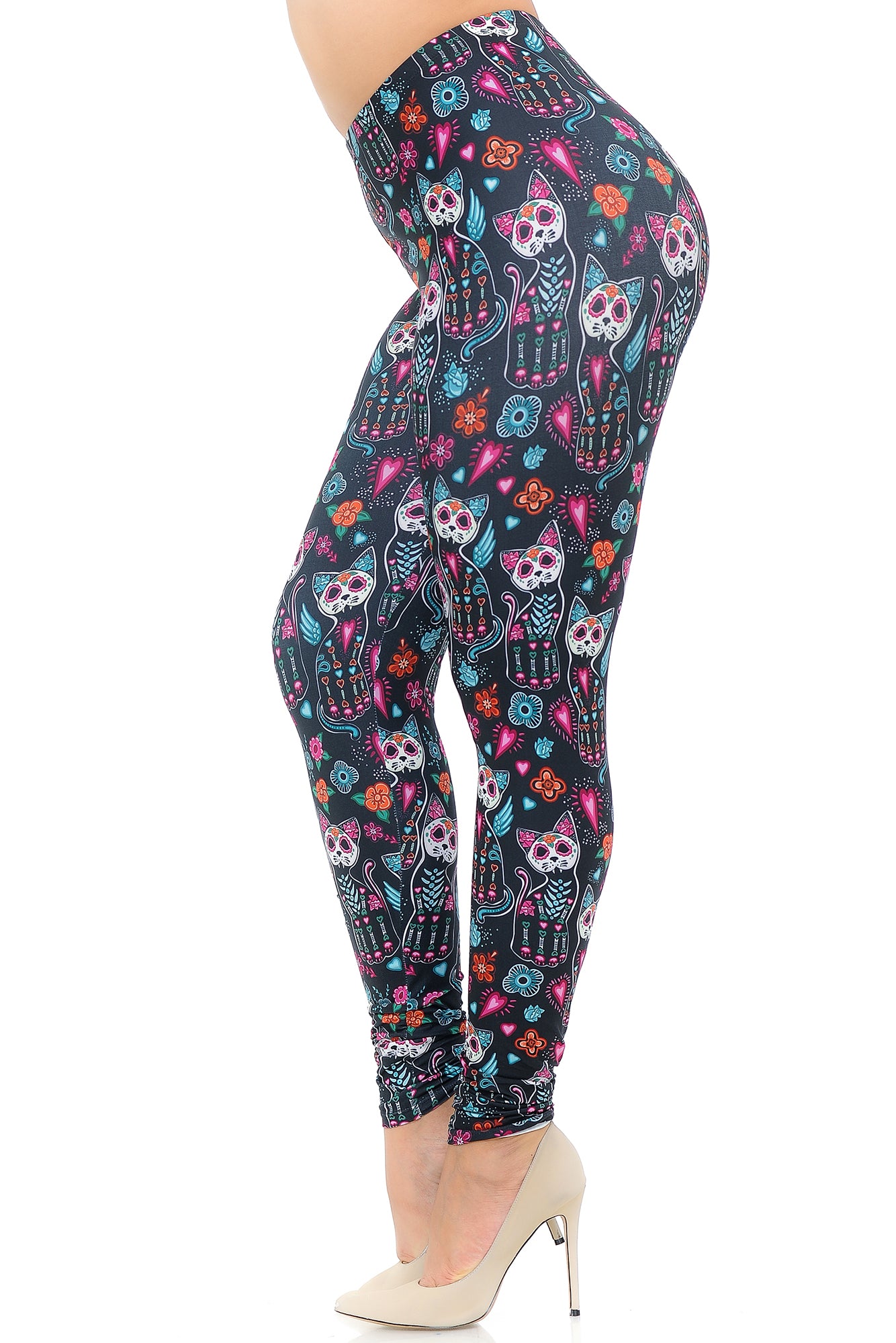 Creamy Soft Leggings Premium Women's Sugar Skull Kitty CatsExtra Plus, High Rise, Stretchy, Comfortable, 3X-5X Leggings - by USA Fashion