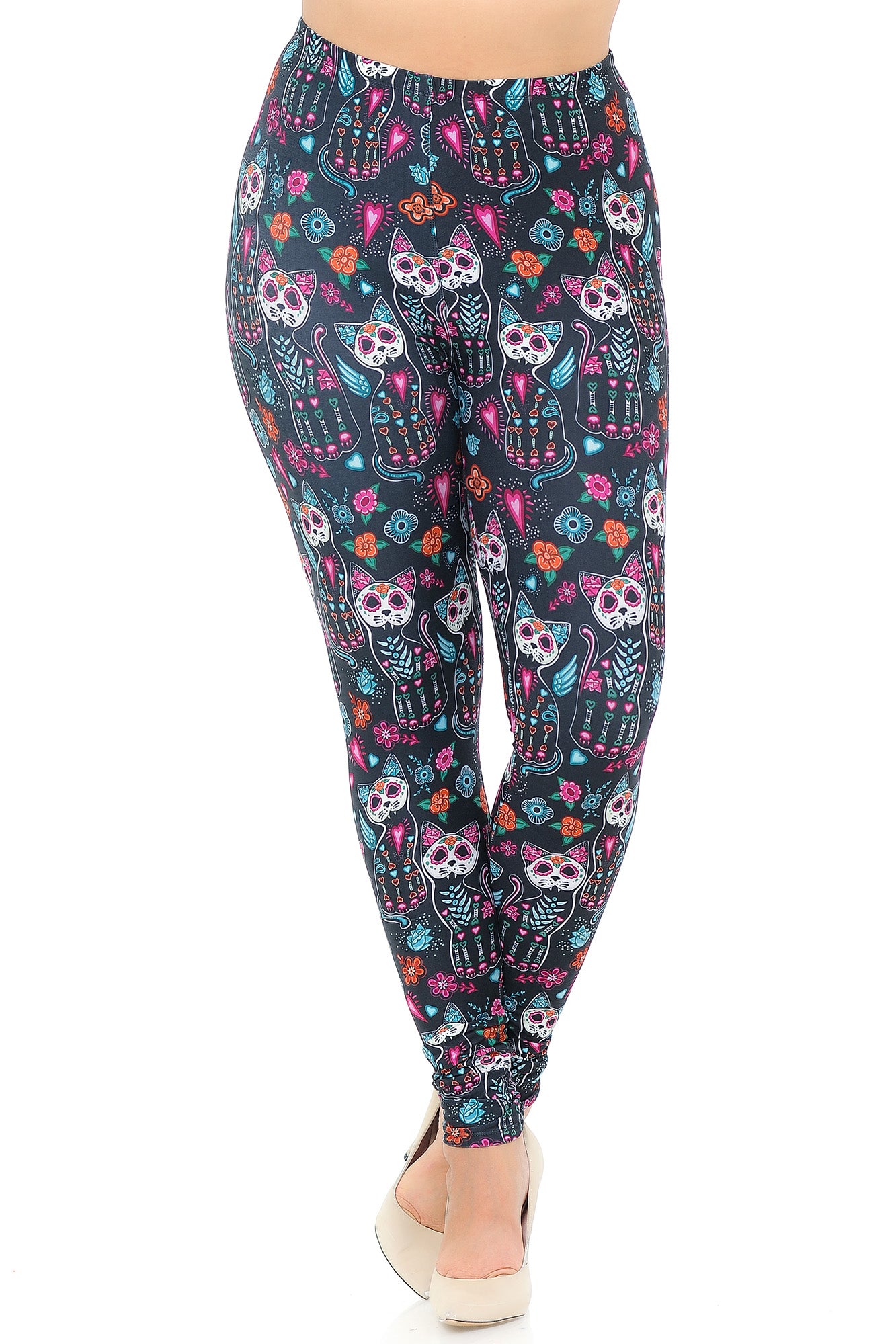 Creamy Soft Leggings Premium Women's Sugar Skull Kitty CatsExtra Plus, High Rise, Stretchy, Comfortable, 3X-5X Leggings - by USA Fashion