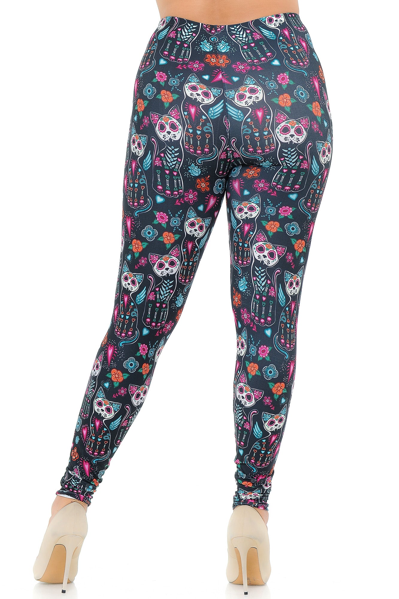Creamy Soft Leggings Premium Women's Sugar Skull Kitty CatsExtra Plus, High Rise, Stretchy, Comfortable, 3X-5X Leggings - by USA Fashion