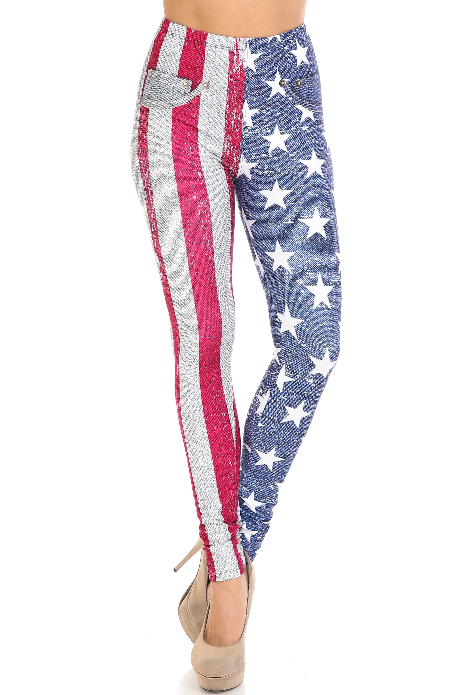 Creamy Soft Leggings Premium Women's USA Flag Denim Jeans Extra Plus, High Rise, Stretchy, Comfortable, 3X-5X Leggings - by USA Fashion