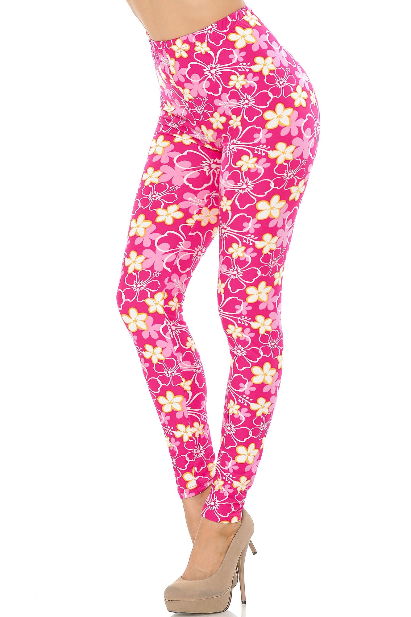 Buttery Soft Pink Daisy Leggings (One Size Regular,Pink)