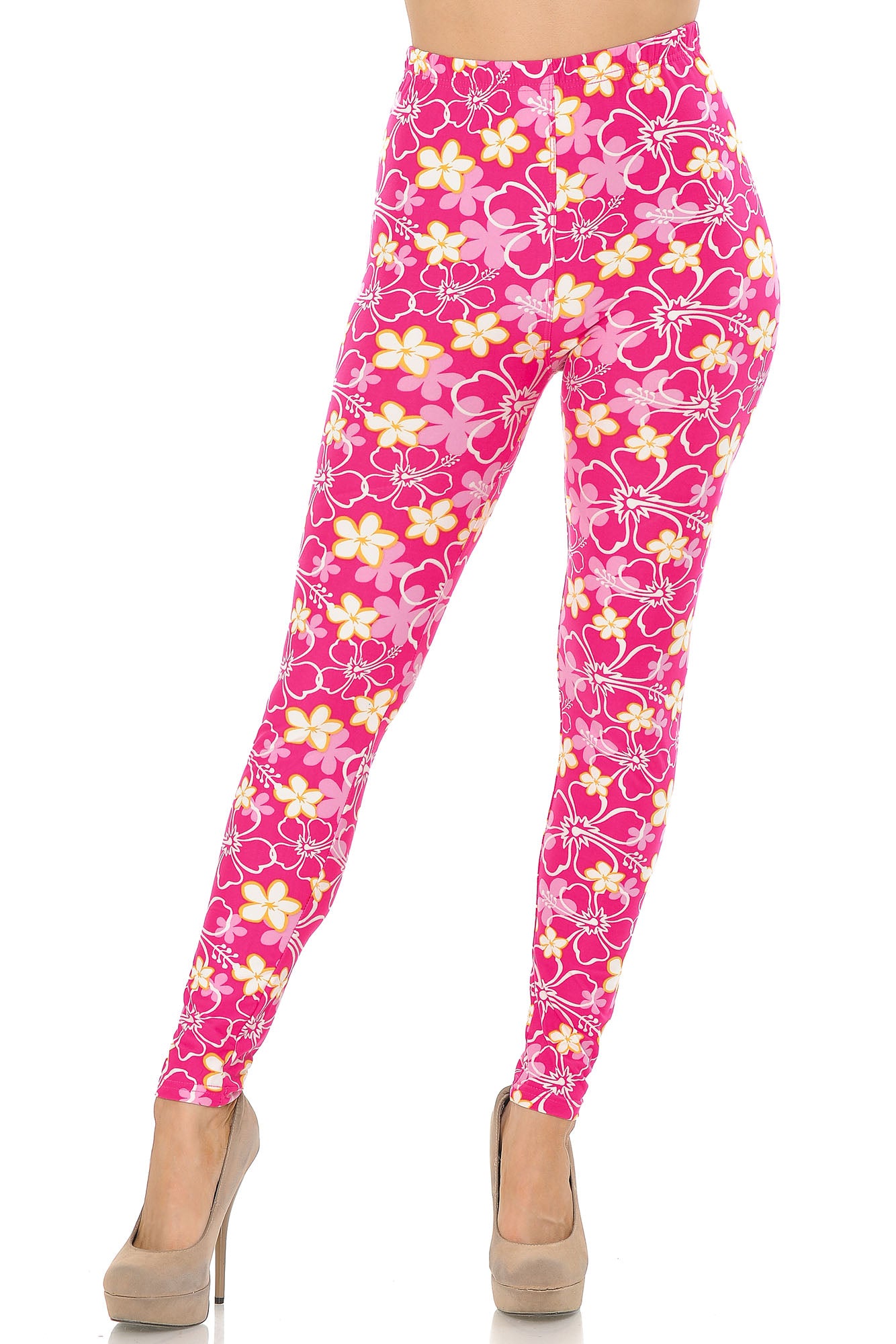 Buttery Soft Pink Daisy Leggings (One Size Regular,Pink)