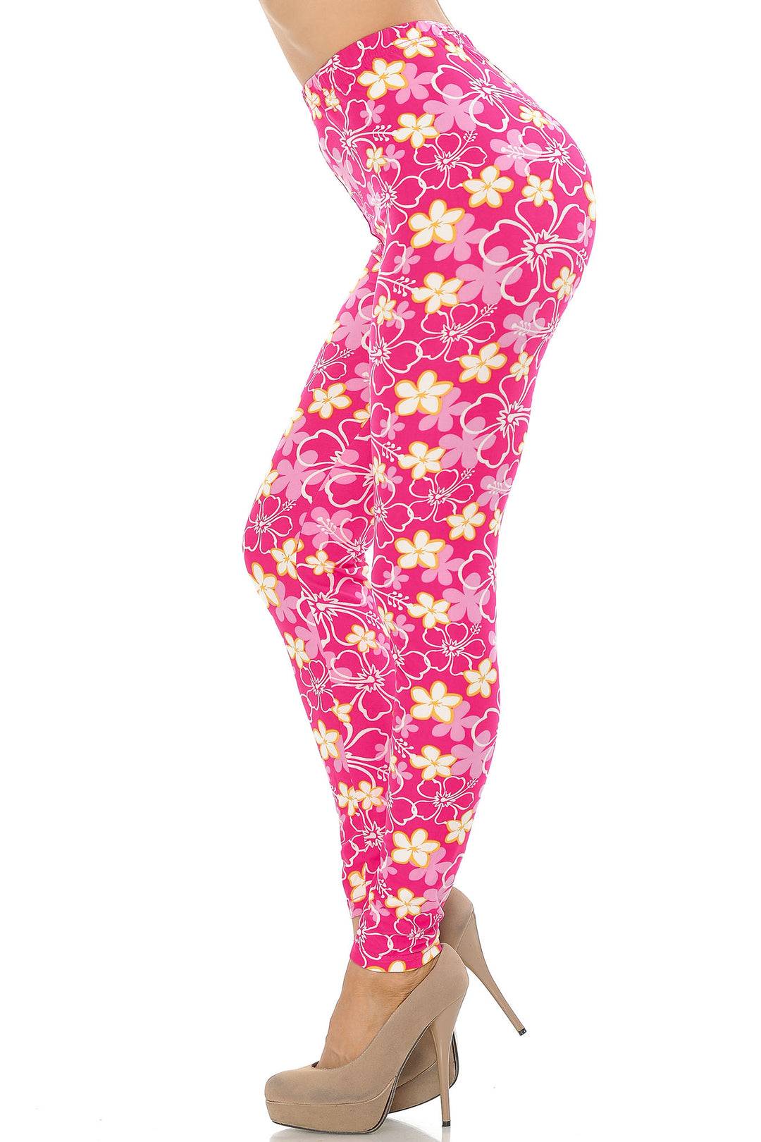 Buttery Soft Pink Daisy Leggings (One Size Regular,Pink)