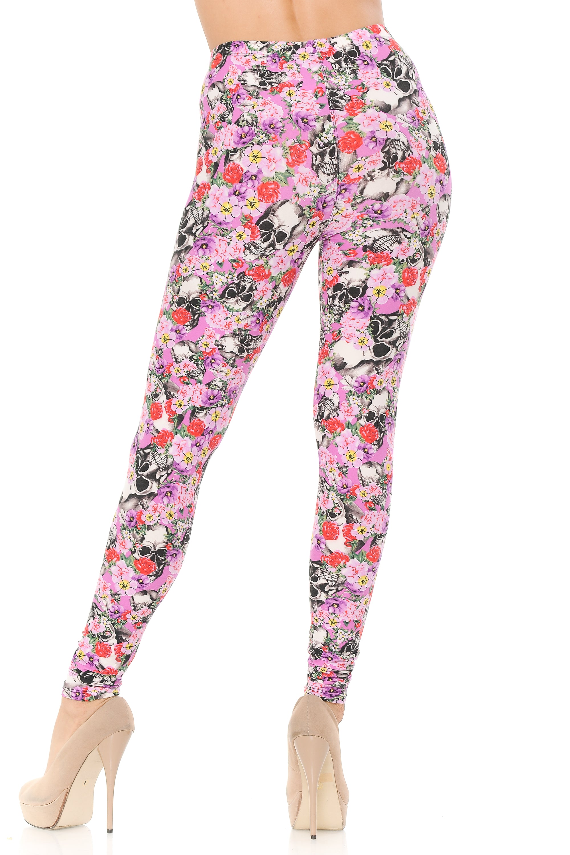 Buttery Soft Pink Blossom Skulls Leggings (One Size Regular,Pink)