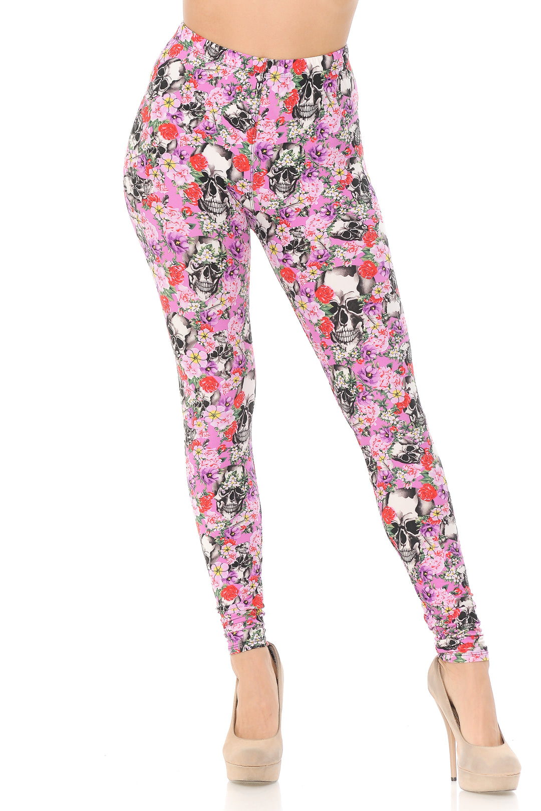Buttery Soft Pink Blossom Skulls Leggings (One Size Regular,Pink)