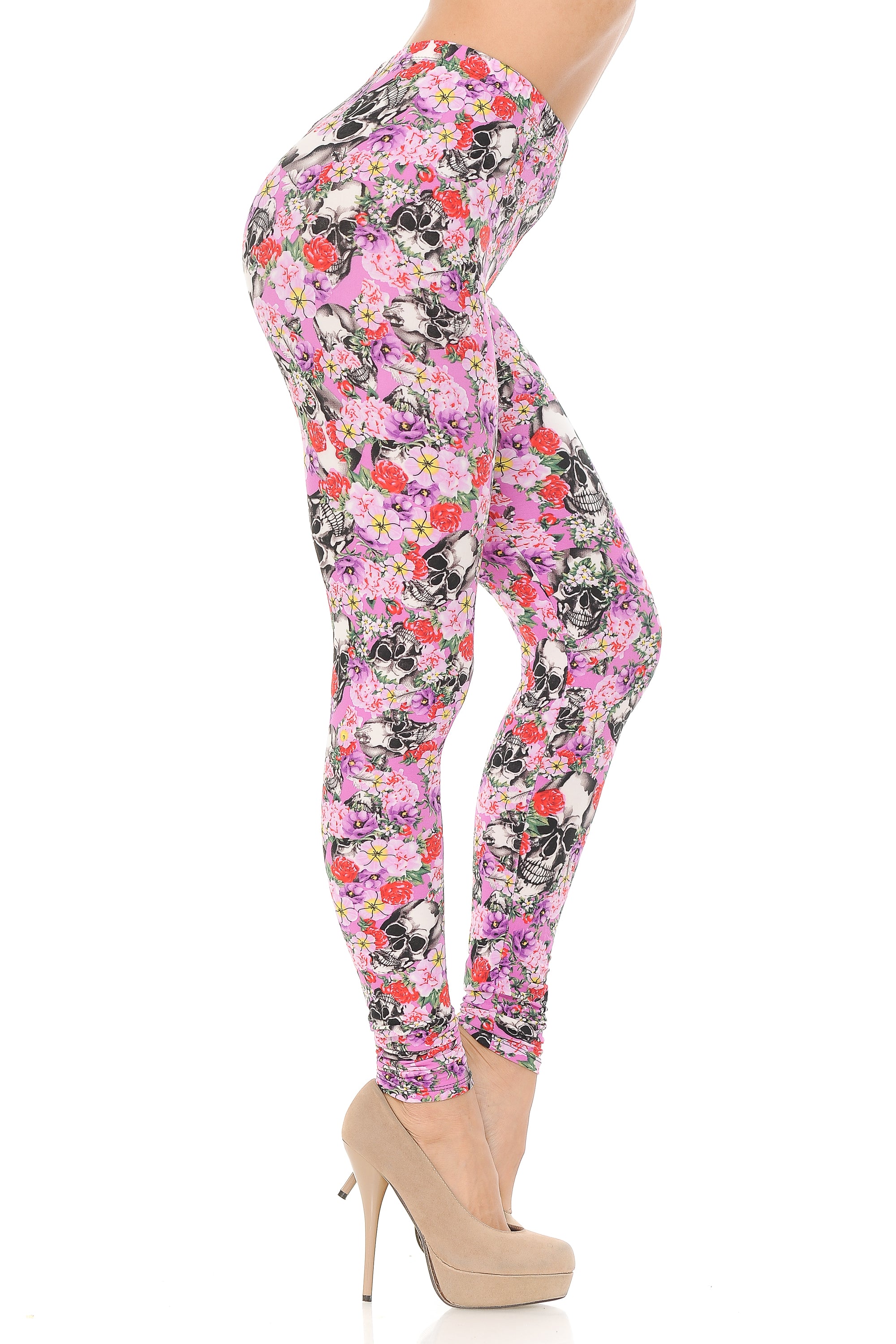 Buttery Soft Pink Blossom Skulls Leggings (One Size Regular,Pink)