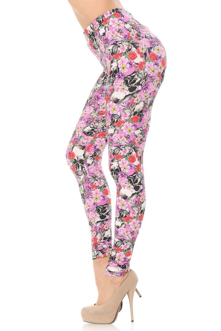 Buttery Soft Pink Blossom Skulls Leggings (One Size Regular,Pink)