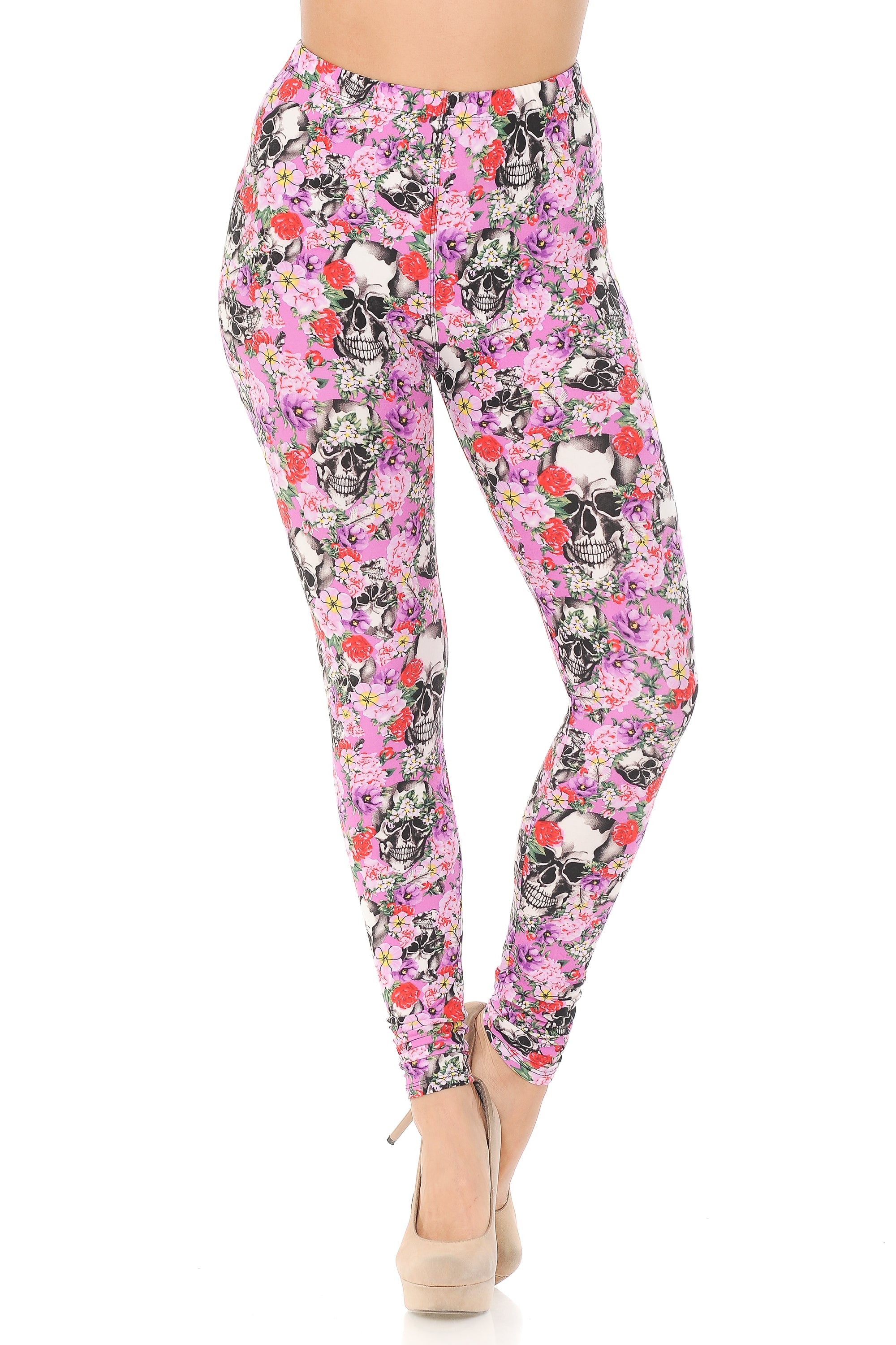 Buttery Soft Pink Blossom Skulls Leggings (One Size Regular,Pink)