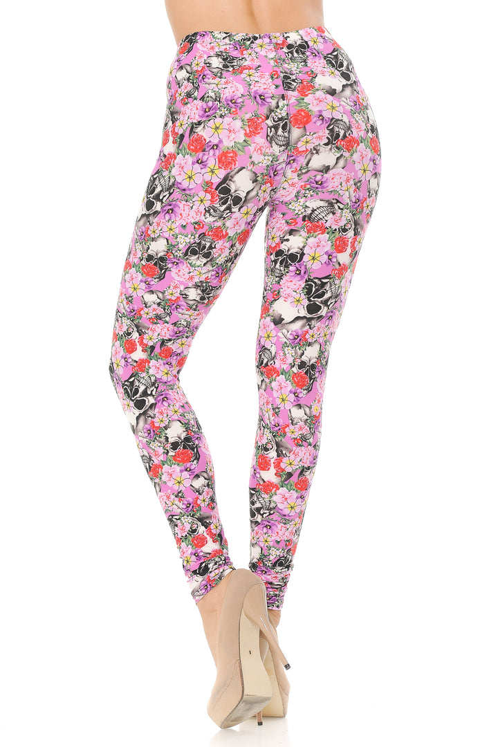 Buttery Soft Pink Blossom Skulls Leggings (One Size Regular,Pink)
