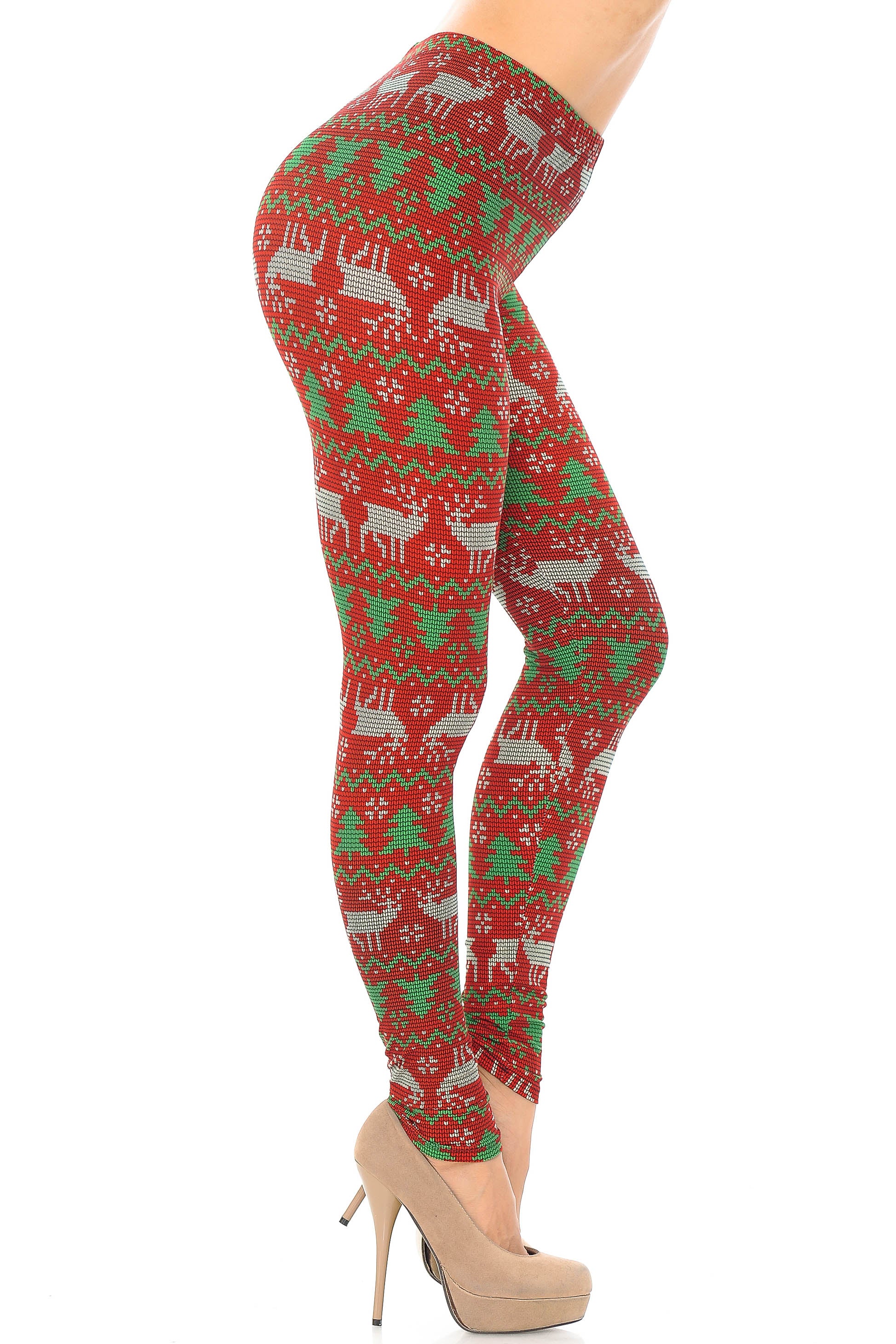 Buttery Soft Faux Knit Reindeer and Holiday Tree Leggings (One Size Regular,Burgundy)
