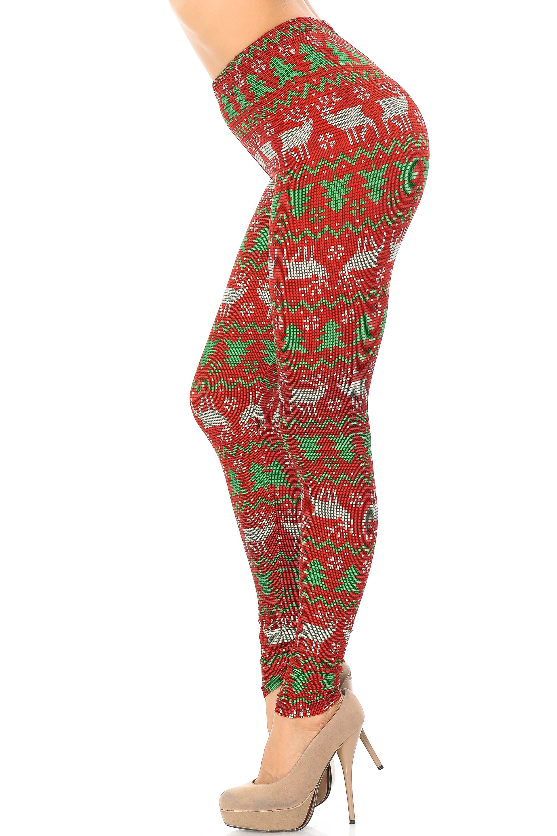 Buttery Soft Faux Knit Reindeer and Holiday Tree Leggings (One Size Regular,Burgundy)