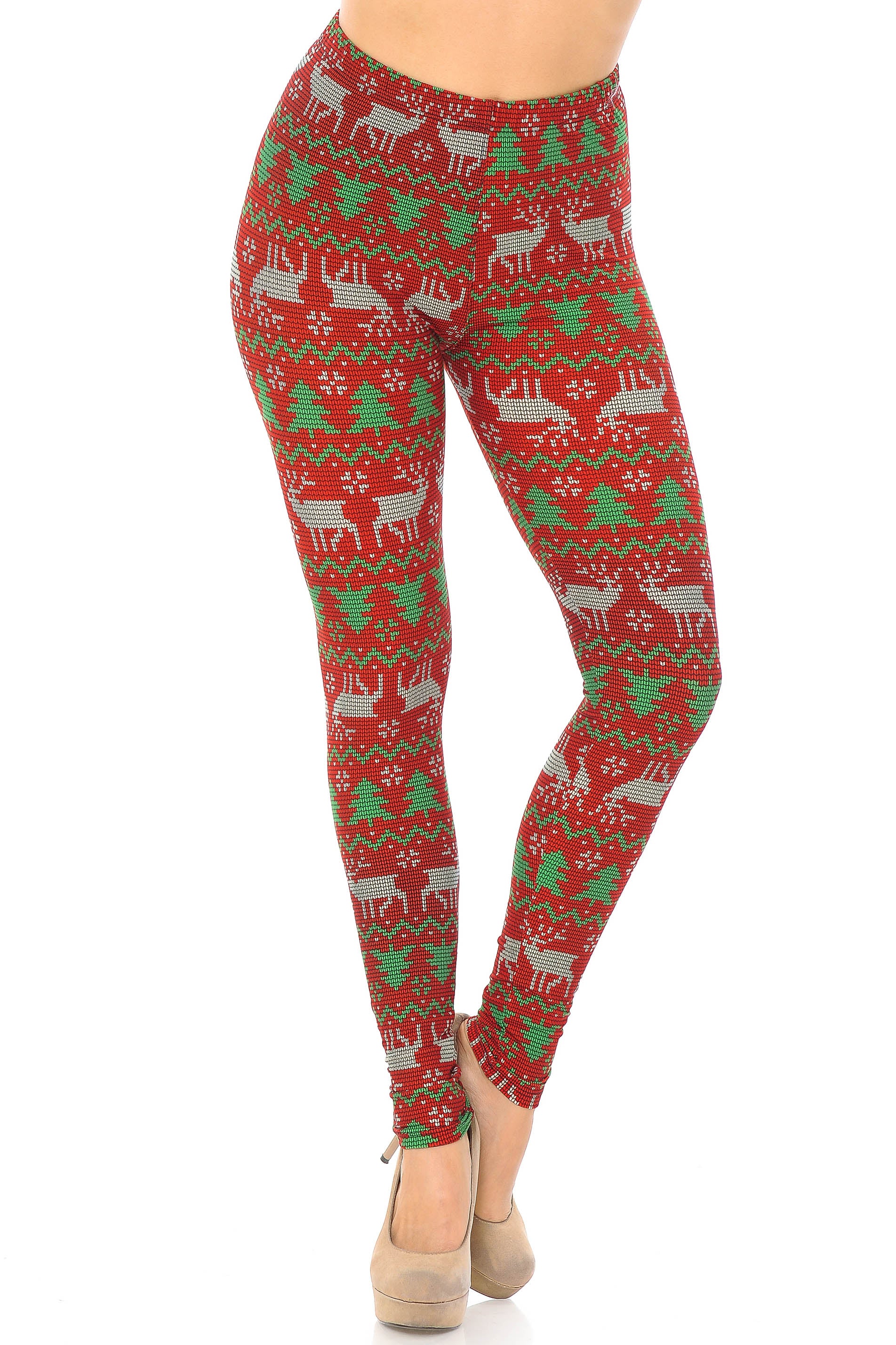 Buttery Soft Faux Knit Reindeer and Holiday Tree Leggings (One Size Regular,Burgundy)