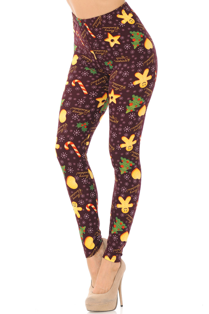 Buttery Soft Merry Christmas Treats and Cookies Leggings (One Size Regular,Burgundy)