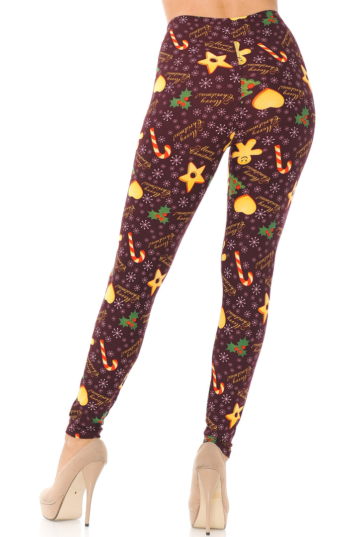 Buttery Soft Merry Christmas Treats and Cookies Leggings (One Size Regular,Burgundy)