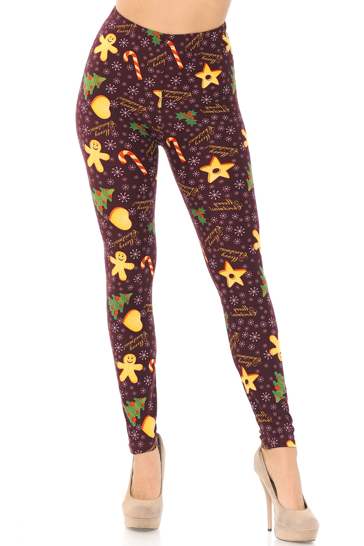 Buttery Soft Merry Christmas Treats and Cookies Leggings (One Size Regular,Burgundy)