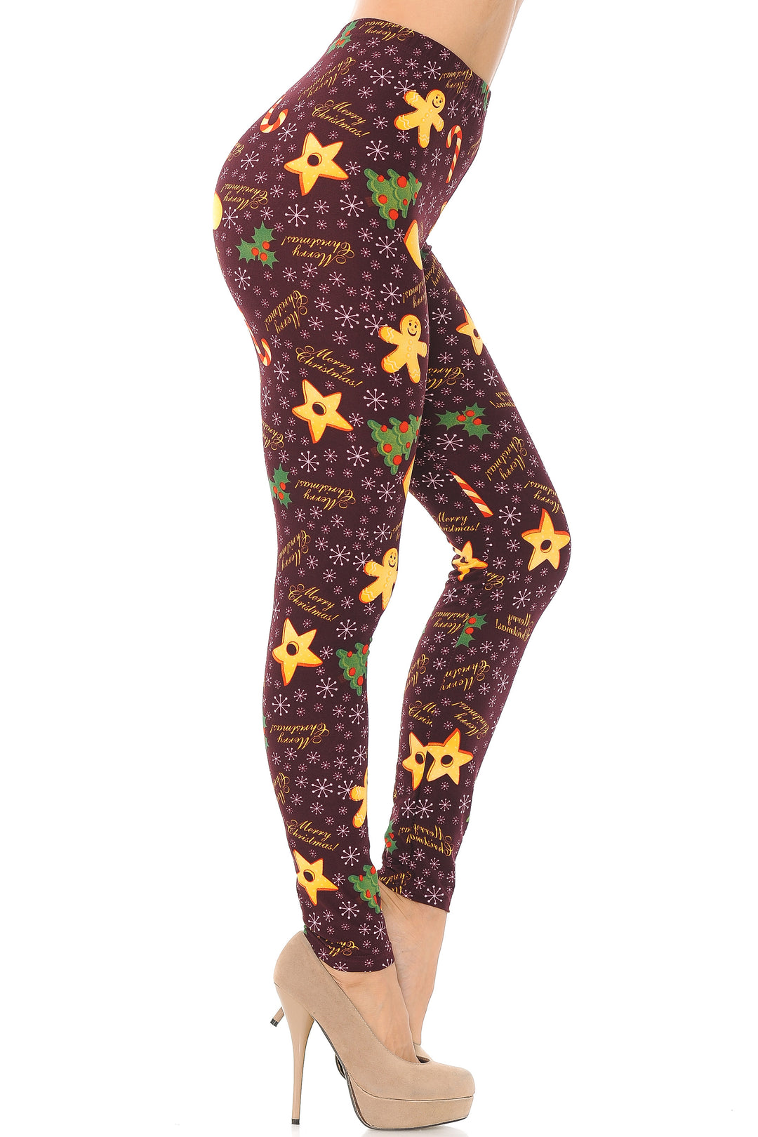 Buttery Soft Merry Christmas Treats and Cookies Leggings (One Size Regular,Burgundy)