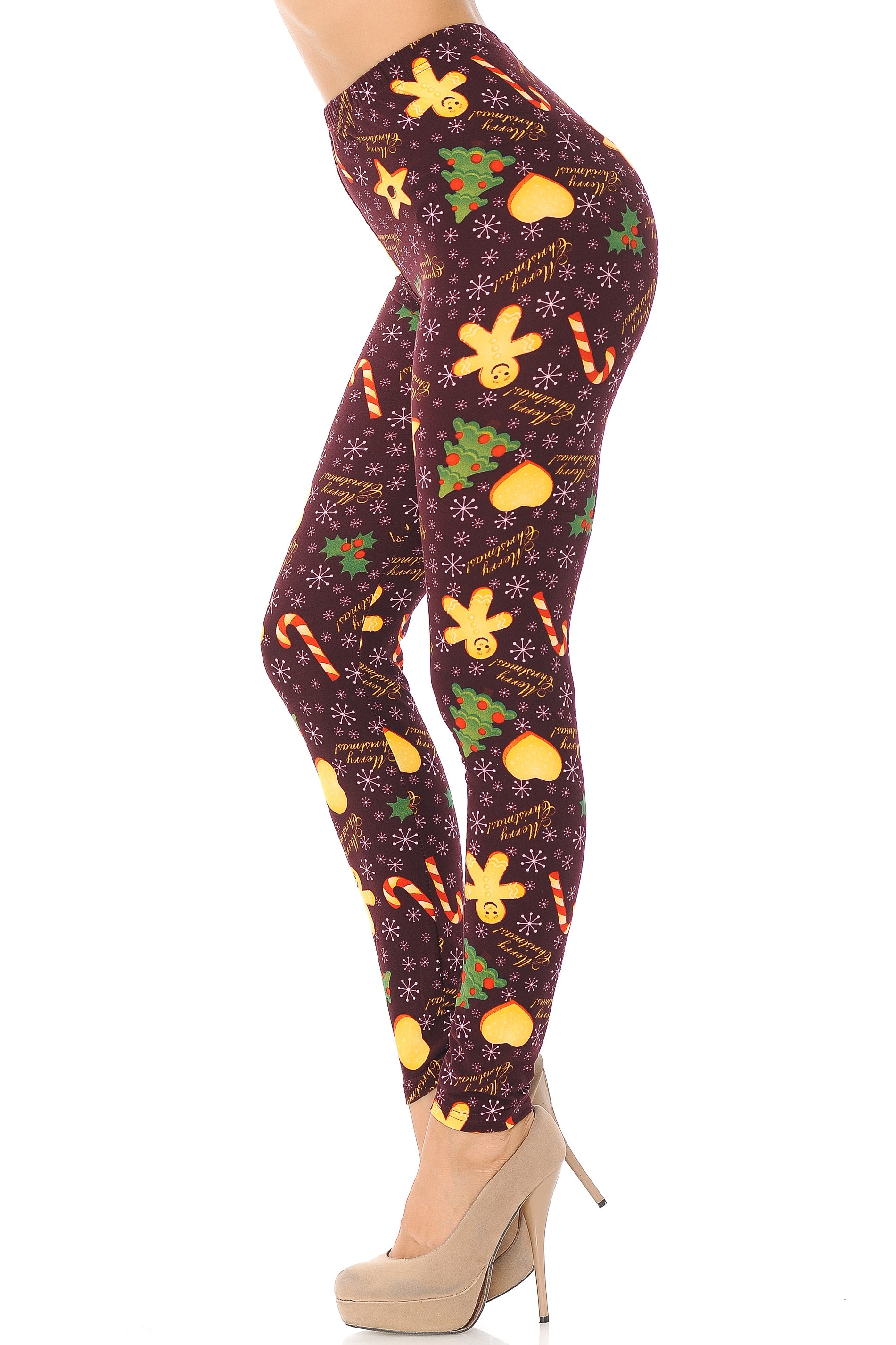 Buttery Soft Merry Christmas Treats and Cookies Leggings (One Size Regular,Burgundy)