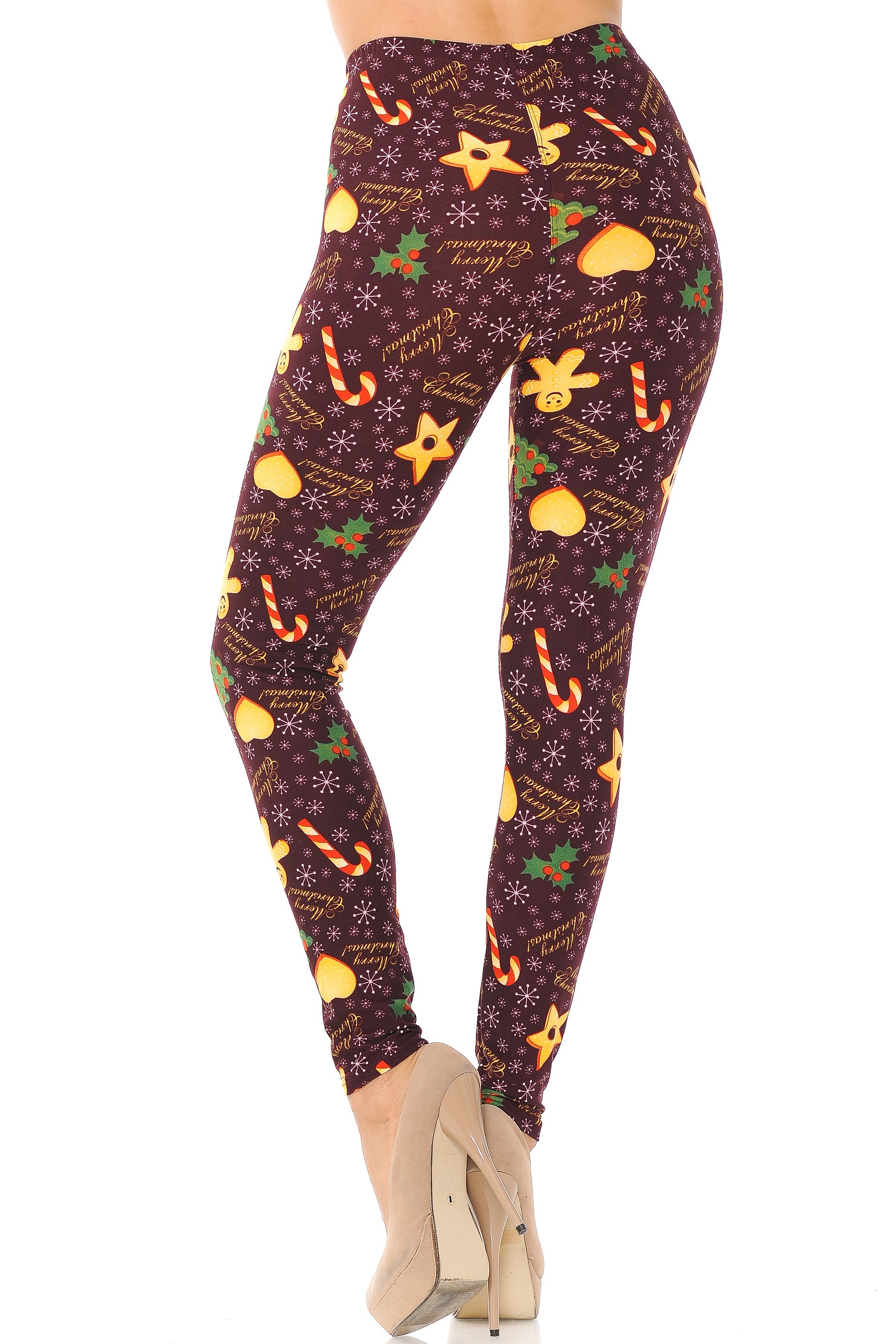 Buttery Soft Merry Christmas Treats and Cookies Leggings (One Size Regular,Burgundy)