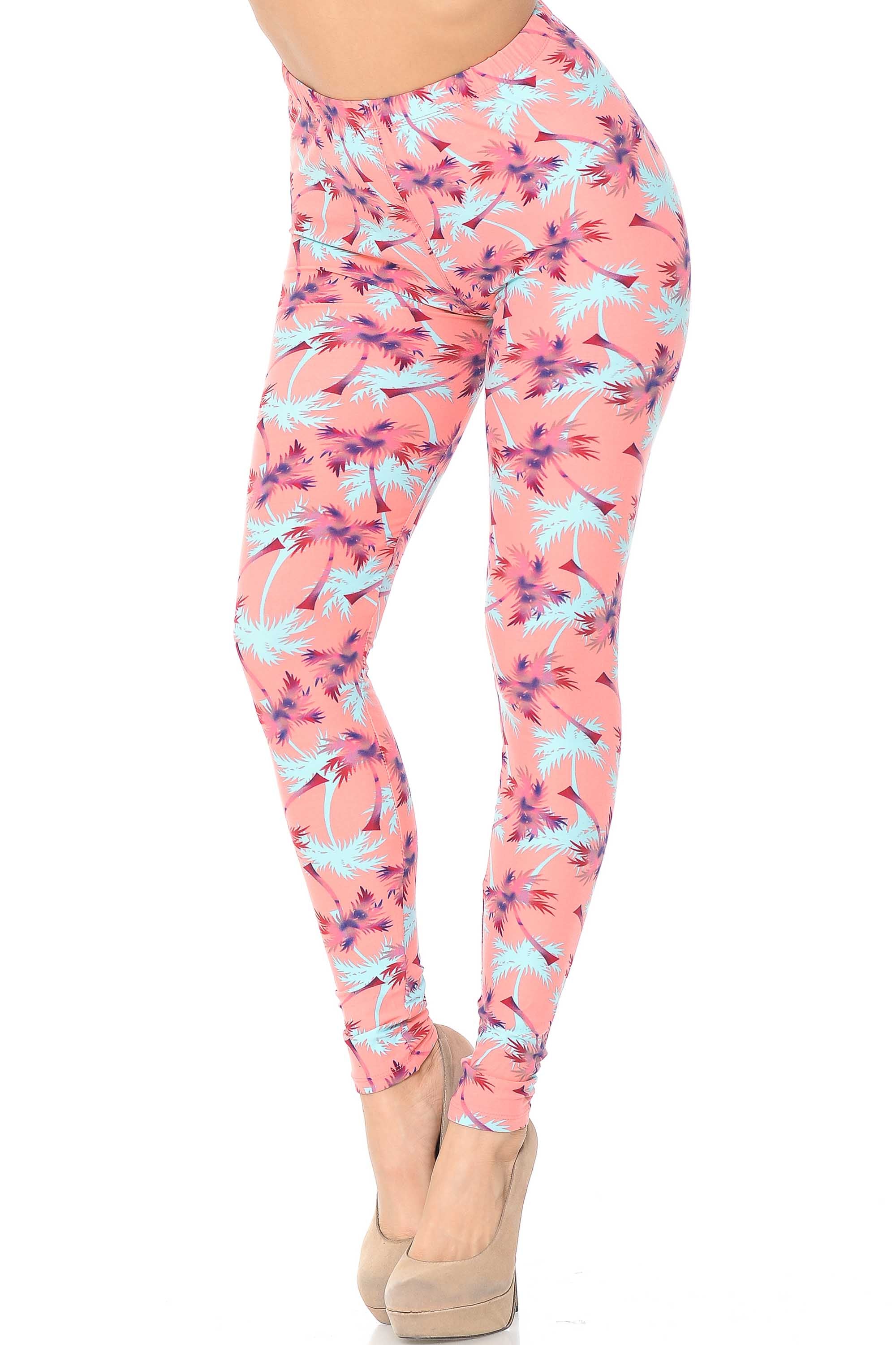 Buttery Soft Coral Palm Tree Leggings (One Size Regular,Coral)