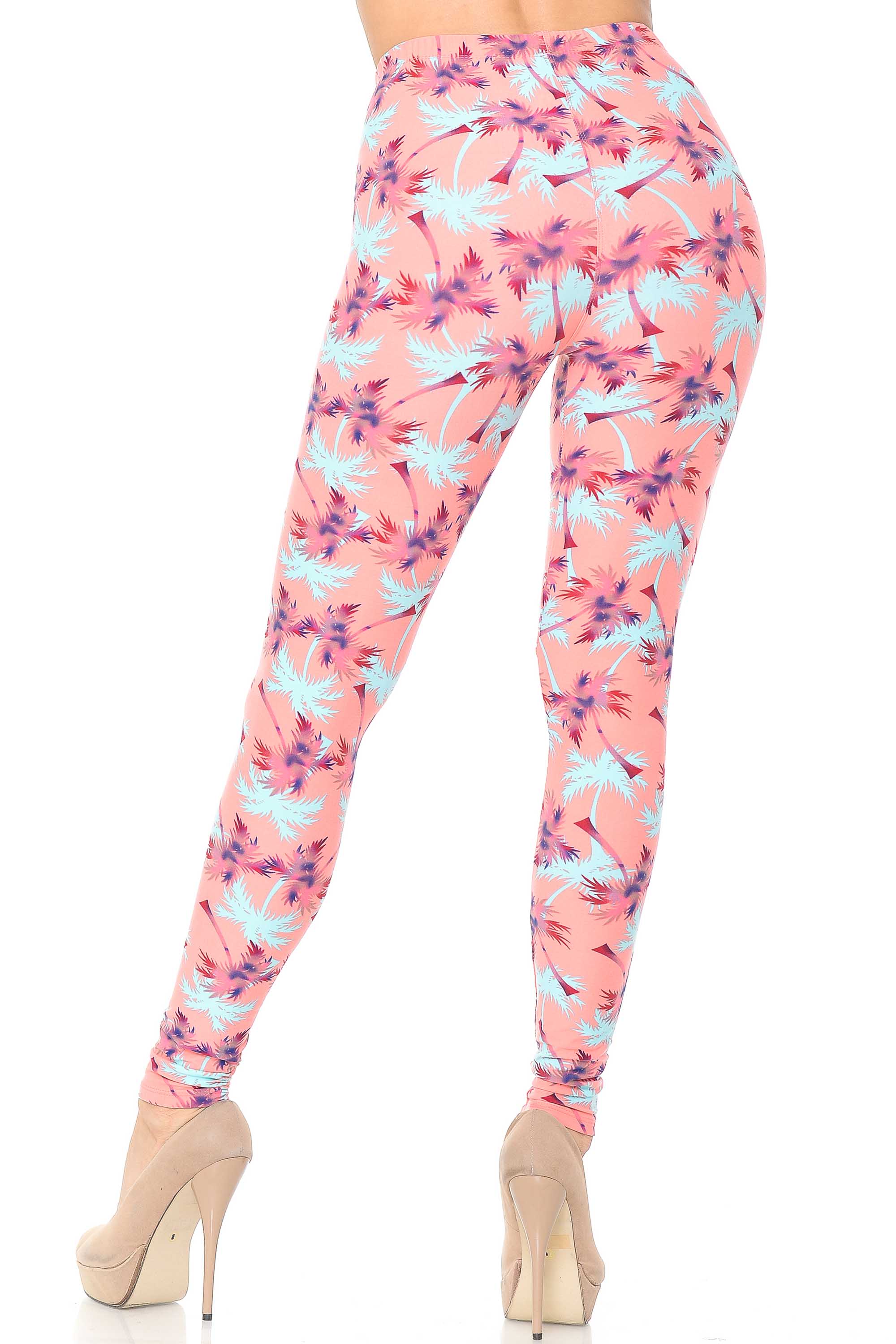 Buttery Soft Coral Palm Tree Leggings (One Size Regular,Coral)