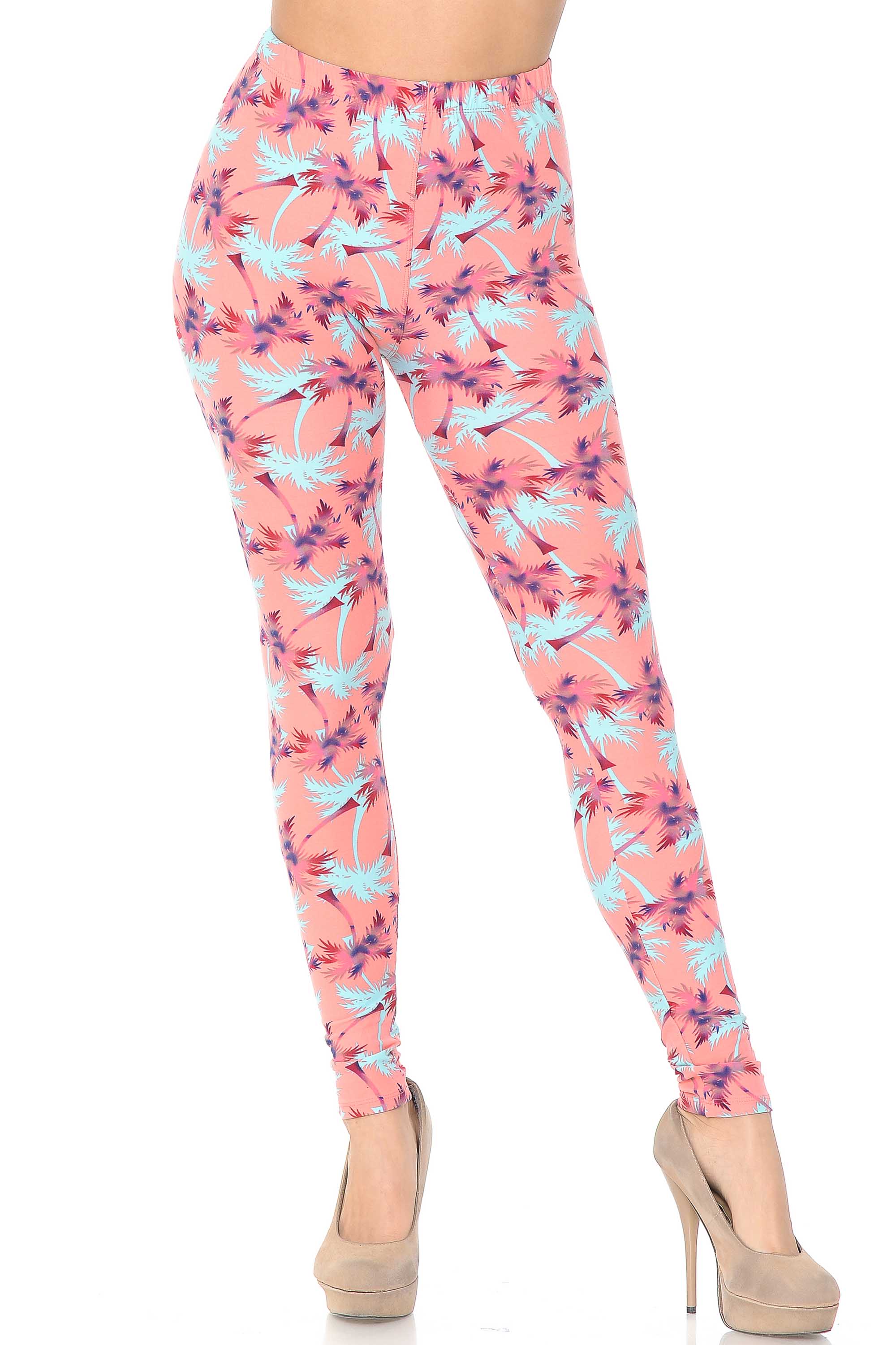 Buttery Soft Coral Palm Tree Leggings (One Size Regular,Coral)