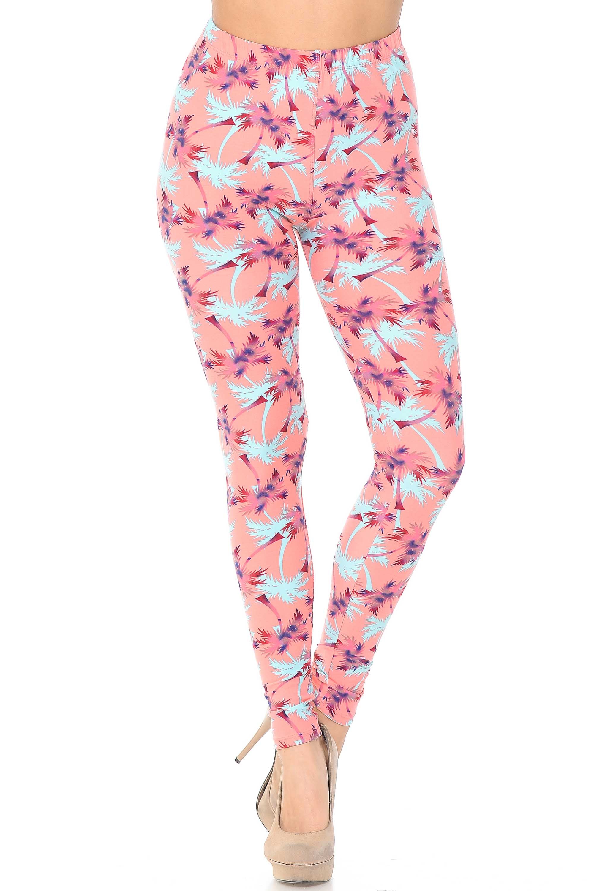 Buttery Soft Coral Palm Tree Leggings (One Size Regular,Coral)