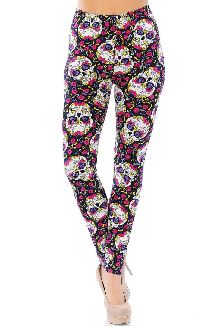 Buttery Soft Floral Petal Sugar Skull Leggings (One Size Regular,Pink)